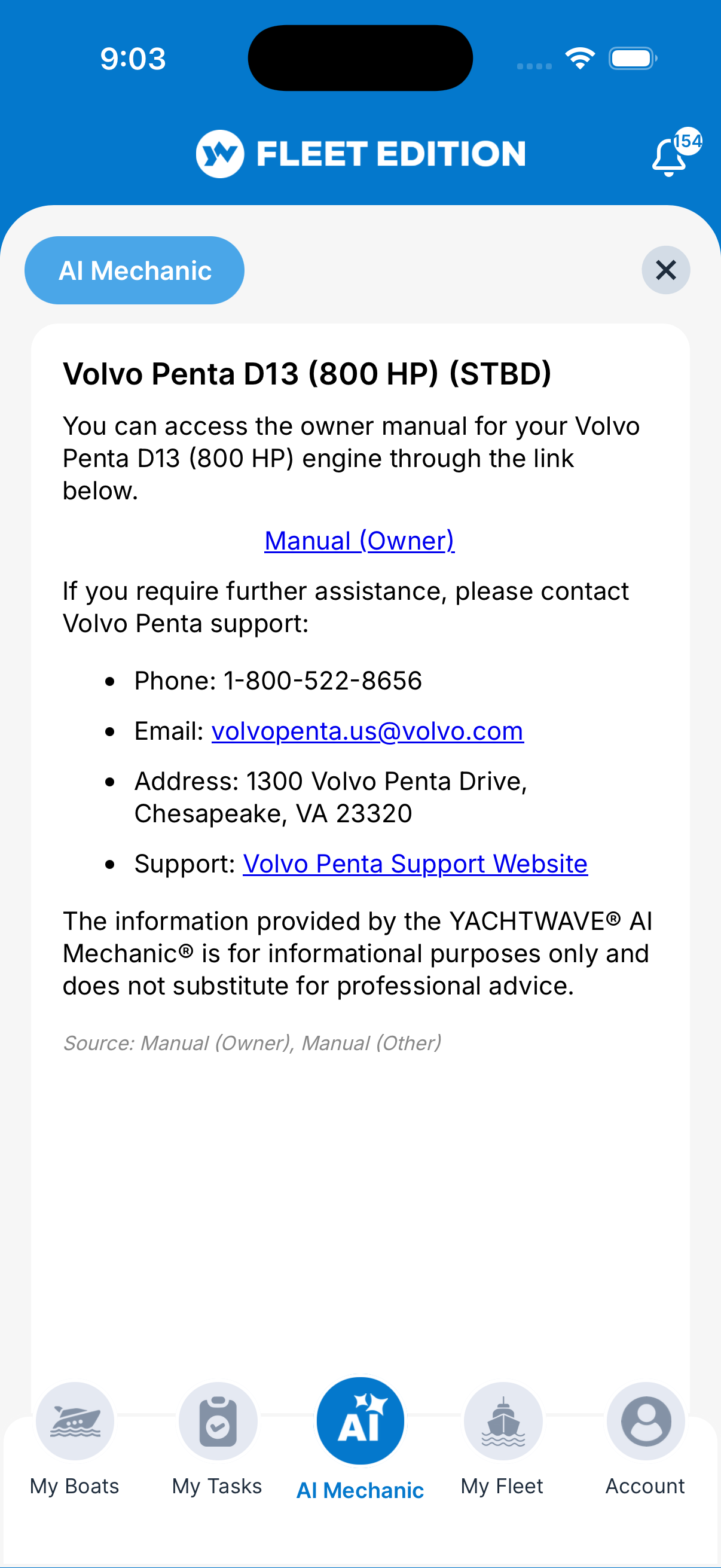 YACHTWAVE yacht maintenance software: AI Mechanic answering a request for the Volvo Penta D13 owner's manual with a direct link to the PDF, manufacturer support contacts, and the source cited