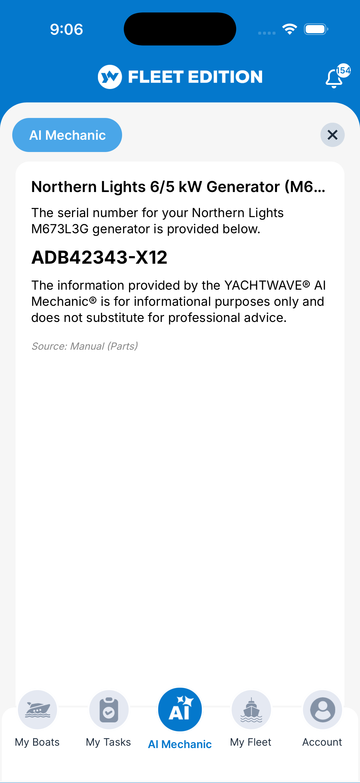 YACHTWAVE yacht maintenance software: AI Mechanic instantly answering a request for the generator's serial number, displayed in large type with the source cited