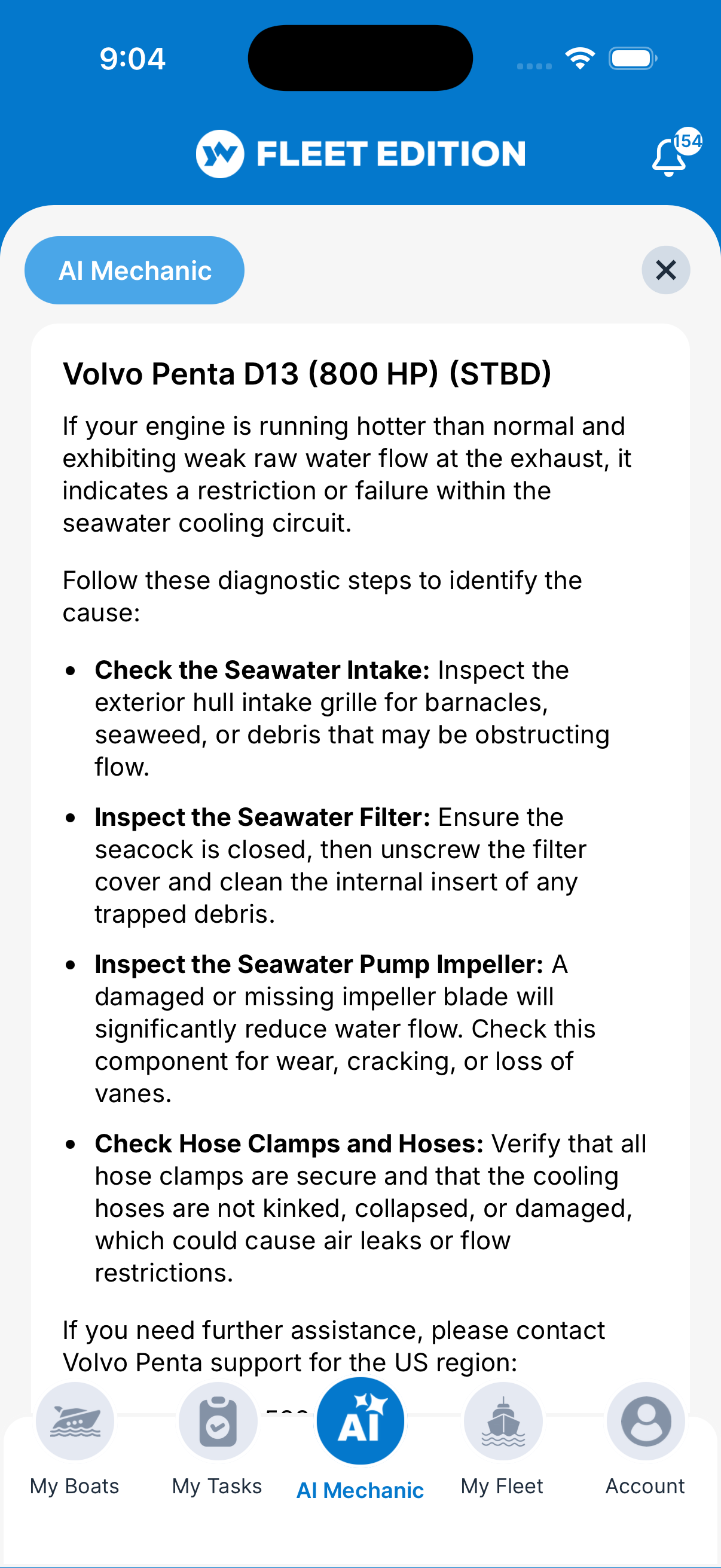 YACHTWAVE yacht maintenance software: AI Mechanic diagnosing an overheating Volvo Penta D13 with step-by-step guidance — check the seawater intake, filter, pump impeller, and hoses