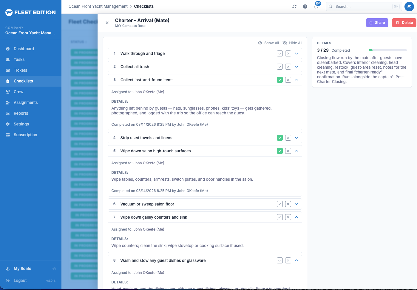 YACHTWAVE yacht management software: Fleet Edition checklist detail showing per-step crew assignments, step instructions, completion timestamps, and a live progress counter