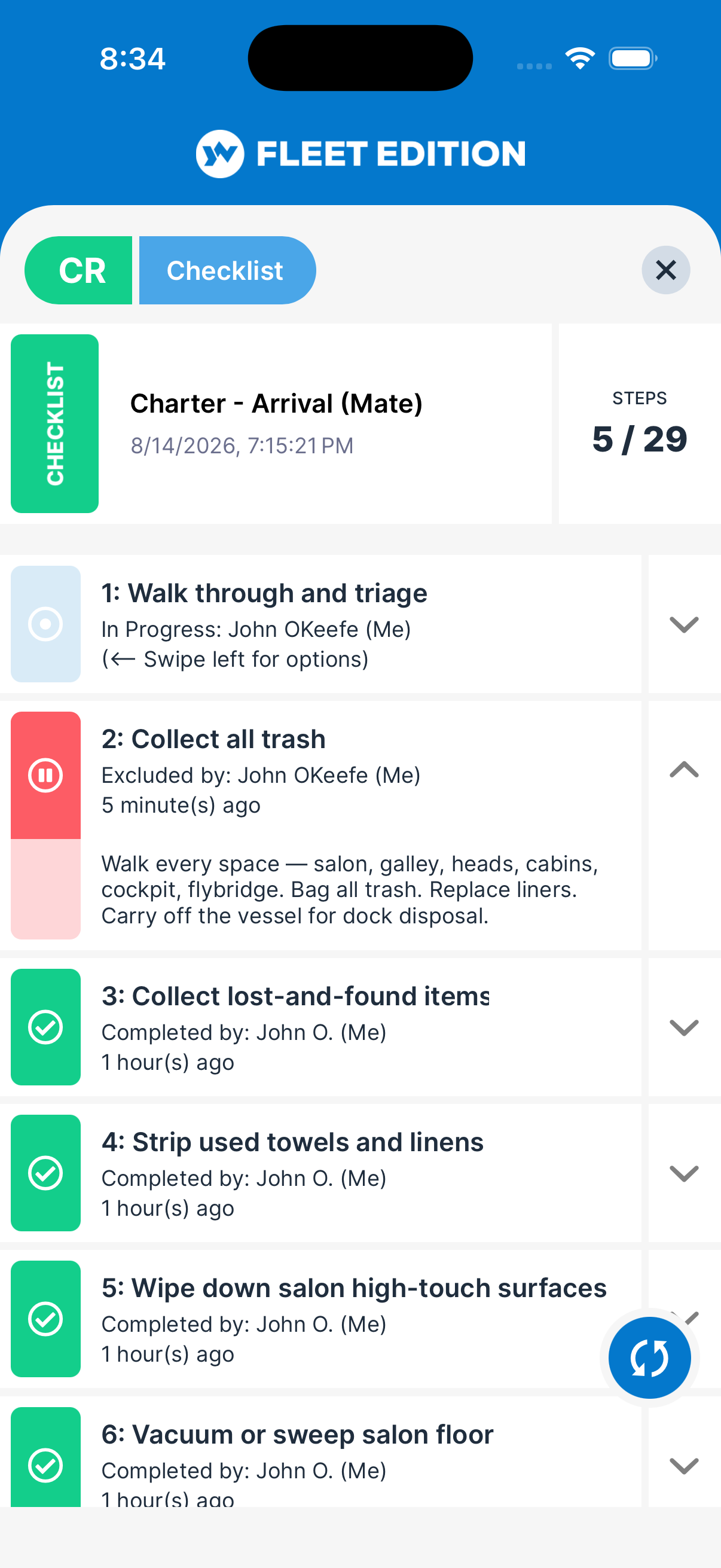 YACHTWAVE yacht management software: mobile app checklist with steps expanded showing per-step instructions, completion status, and who completed or excluded each step