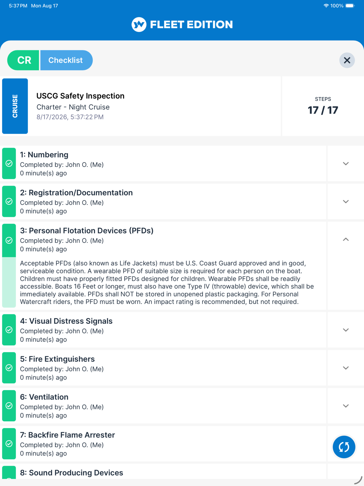 YACHTWAVE yacht management software: a completed USCG safety inspection run against a charter &mdash; all 17 of 17 steps signed off with who completed each and when, and one step expanded to show the standard the crew was working to