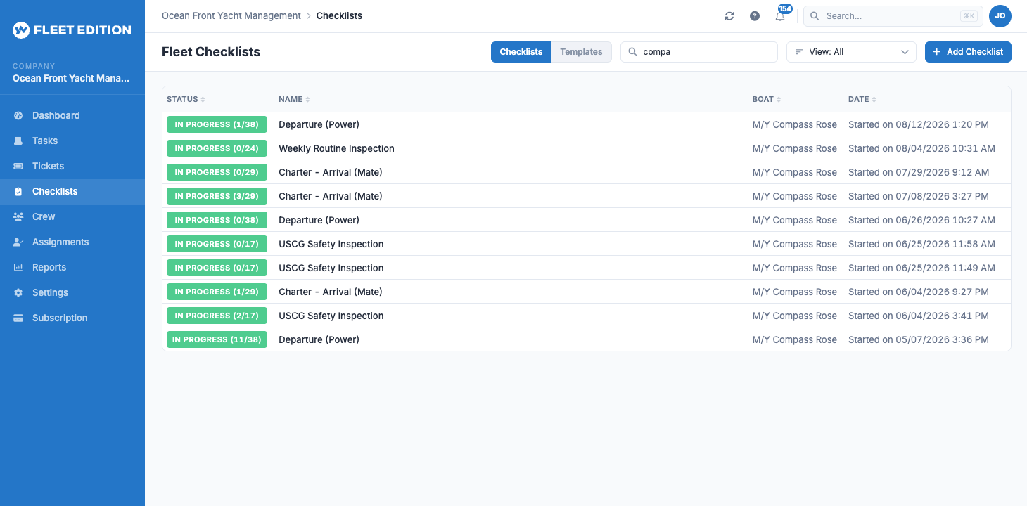 YACHTWAVE yacht management software: Fleet Edition Fleet Checklists screen showing every in-progress checklist run across the fleet with status, progress, vessel, and start date