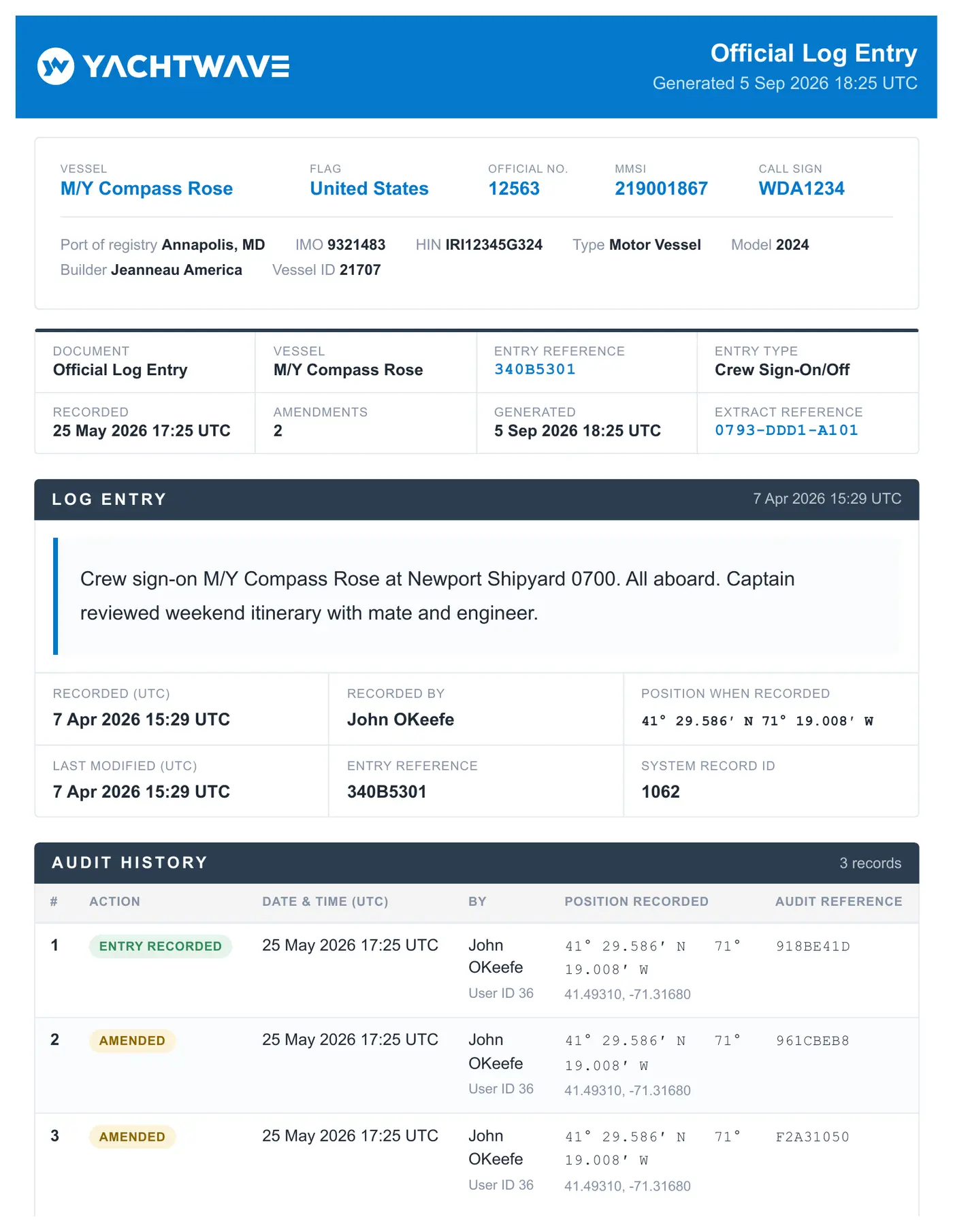 YACHTWAVE Official Log Entry report: a single crew sign-on entry with the author, UTC timestamp, the GPS position it was recorded from, and a numbered audit history of every amendment