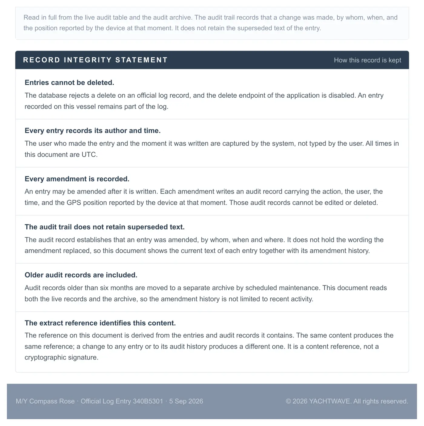 The Record Integrity Statement printed on every YACHTWAVE Official Log report: entries cannot be deleted, author and time are system-captured, every amendment is recorded, the audit trail does not retain superseded text, older audit records are included, and the extract reference identifies the content