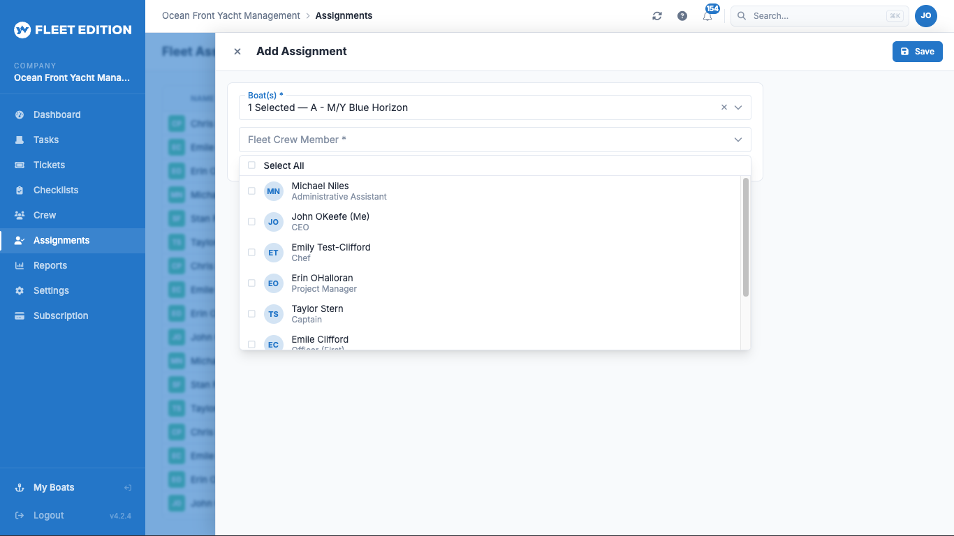 YACHTWAVE yacht management software: the Add Assignment dialog picking multiple boats and selecting crew members in bulk, with a Select All option