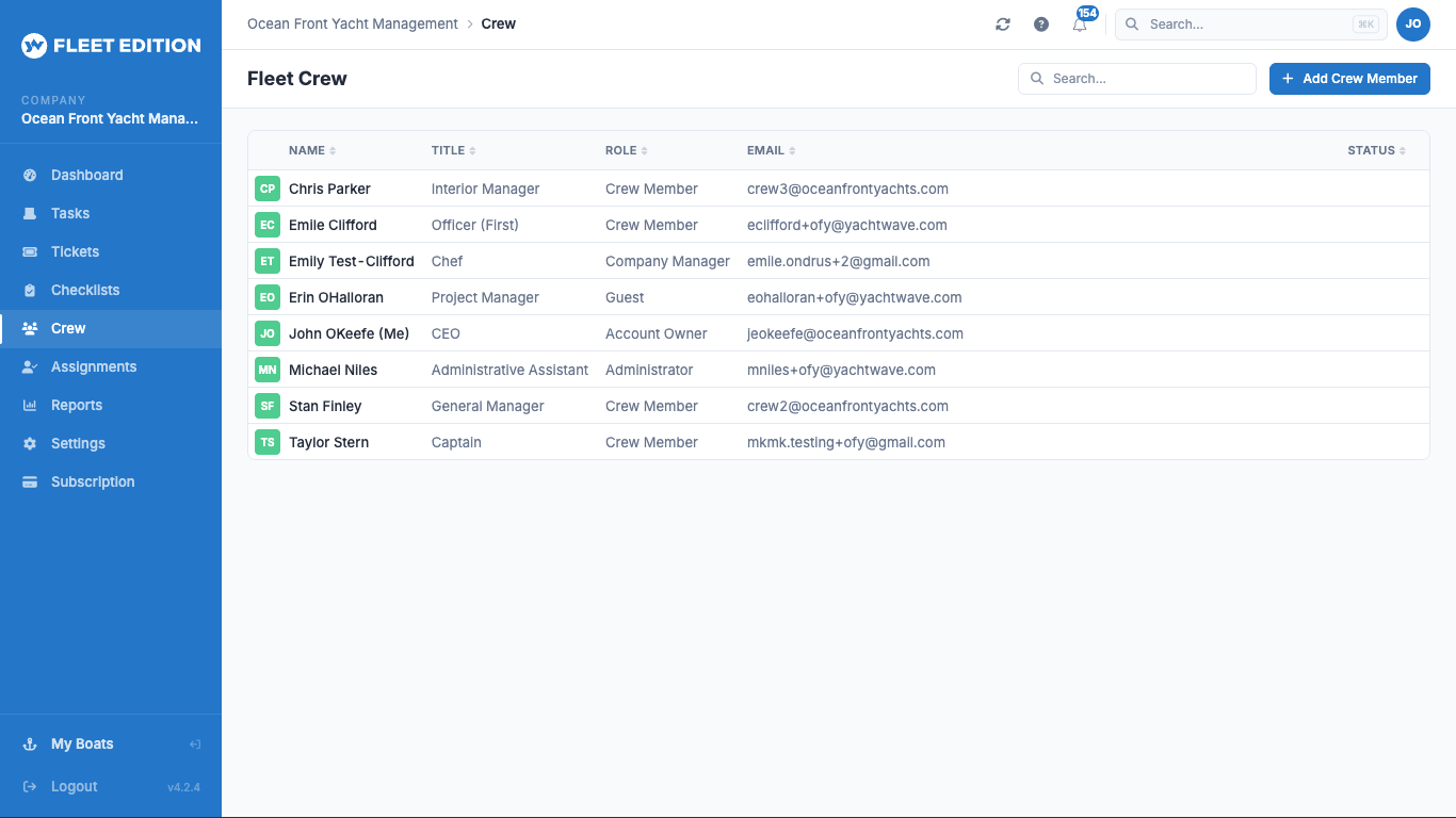 YACHTWAVE yacht management software: the Fleet Crew directory listing every person in the operation with their title, role and status across the whole fleet