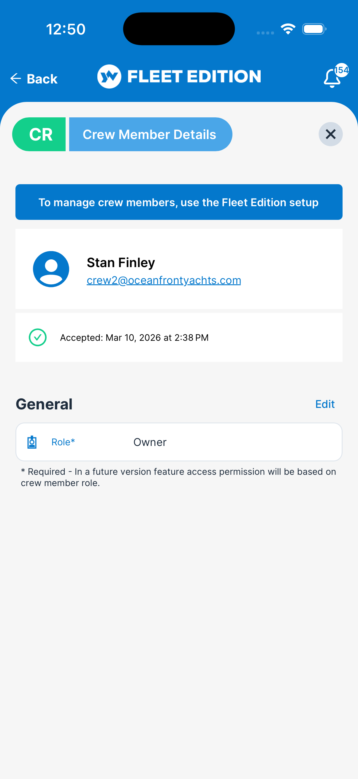 YACHTWAVE yacht management software: a crew member's record showing their role on the vessel and the date they accepted the invitation