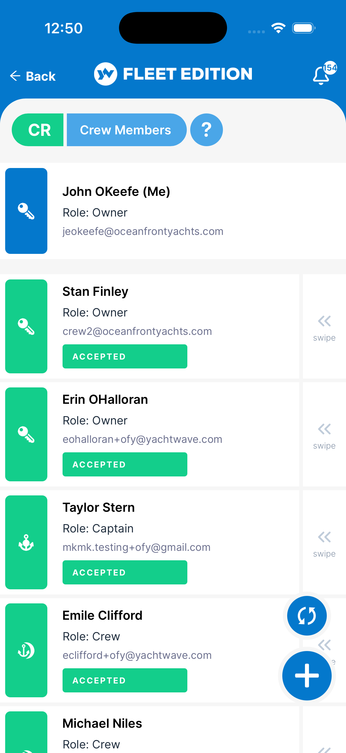 YACHTWAVE yacht management software: a vessel's crew list showing each person's role — owner, captain, crew — with accepted invitation states