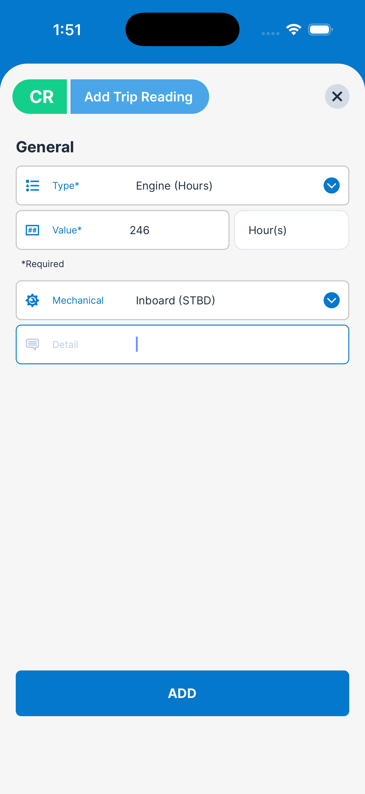 YACHTWAVE yacht management software: adding an engine hours reading of 246 for the starboard inboard against a waypoint on the trip