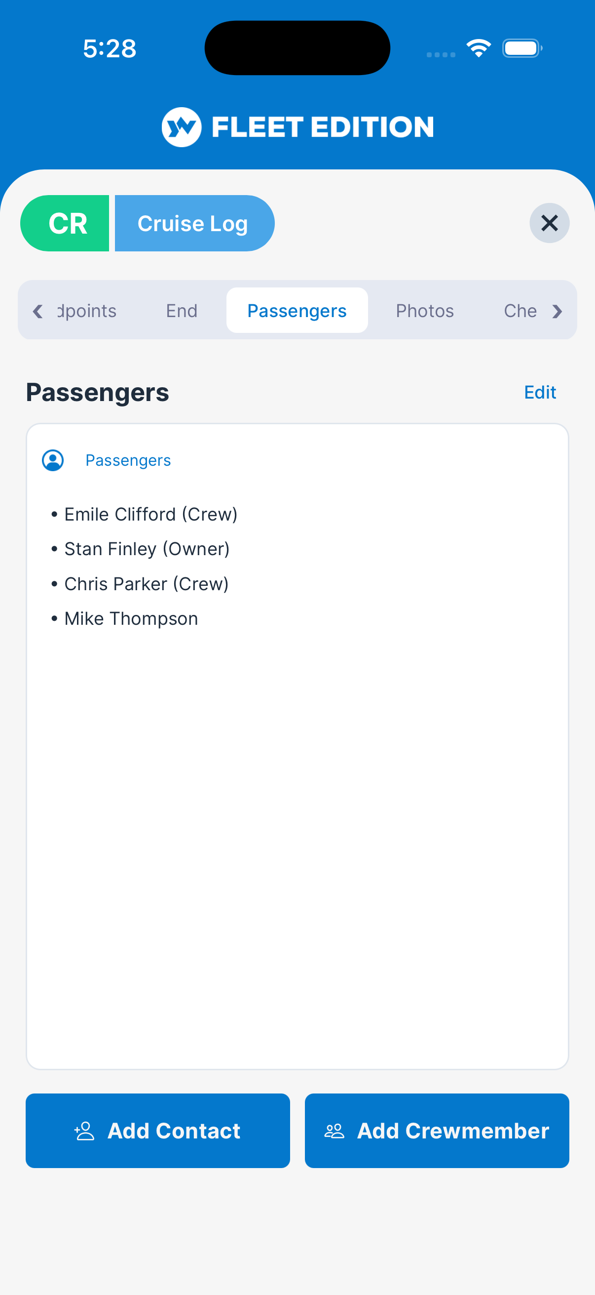 YACHTWAVE yacht management software: the Passengers tab of a cruise log listing everyone aboard for the trip, crew and owner alike, with buttons to add a contact or a crew member
