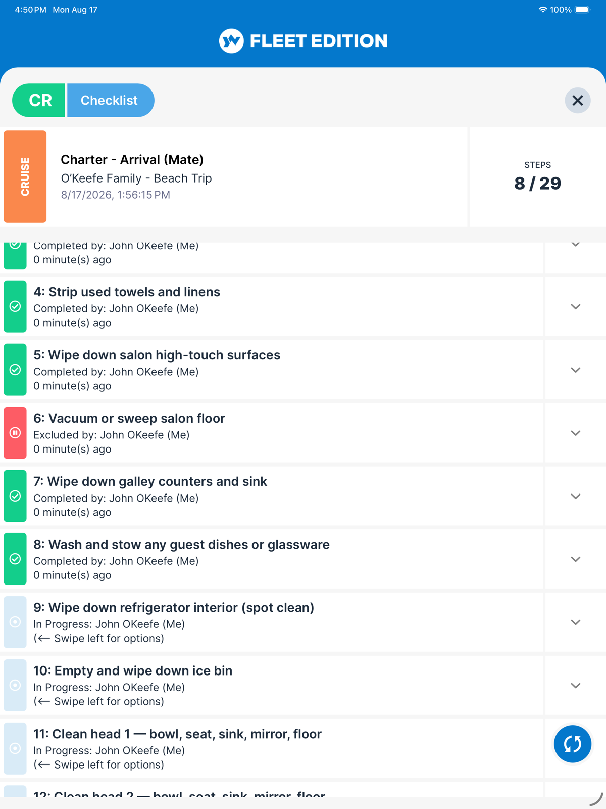 YACHTWAVE yacht management software: the same arrival checklist on a tablet, run against the O&rsquo;Keefe Family beach trip &mdash; 8 of 29 steps, with completed, excluded and in-progress steps and the crew member who handled each