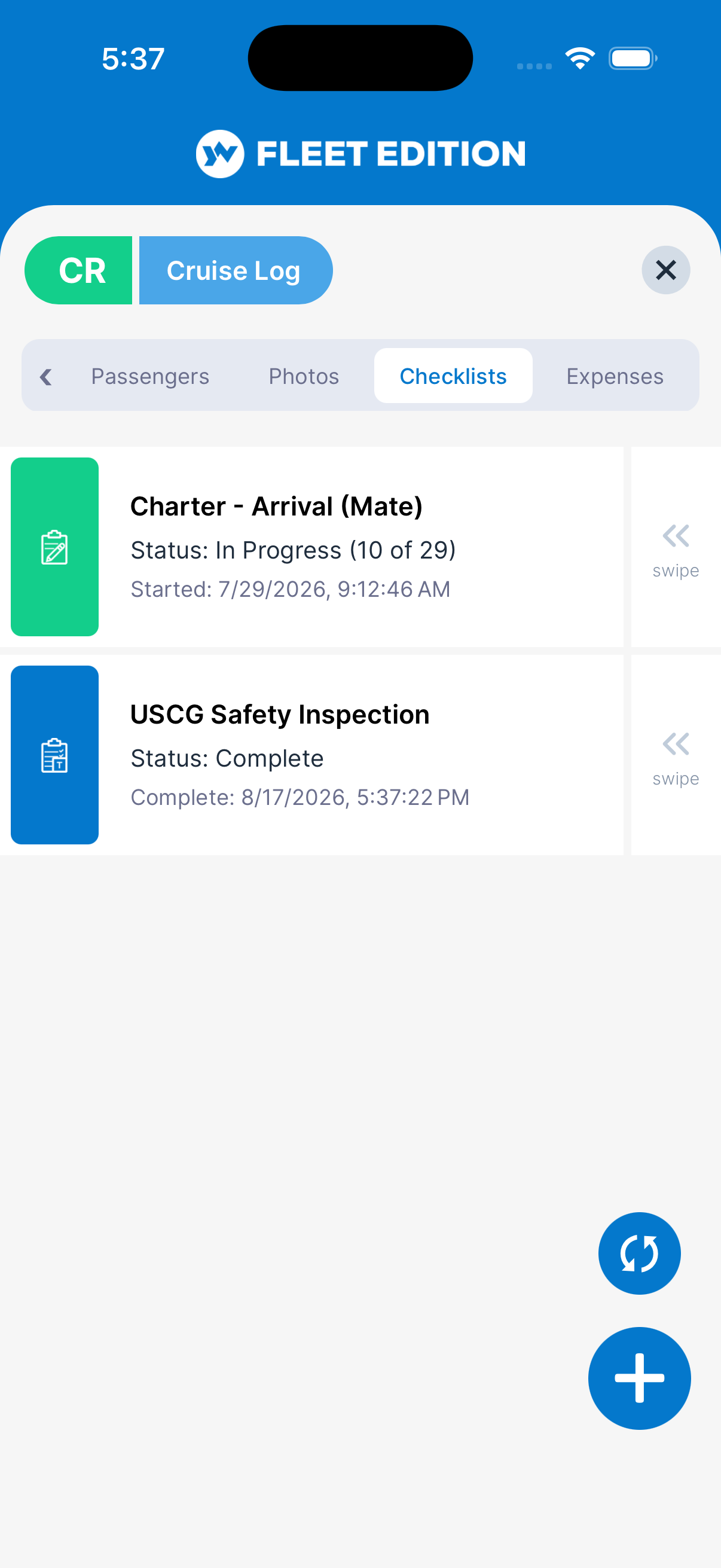 YACHTWAVE yacht management software: the Checklists tab of a cruise log &mdash; the charter arrival procedure part-run at 10 of 29 steps and a completed USCG safety inspection, both attached to the voyage