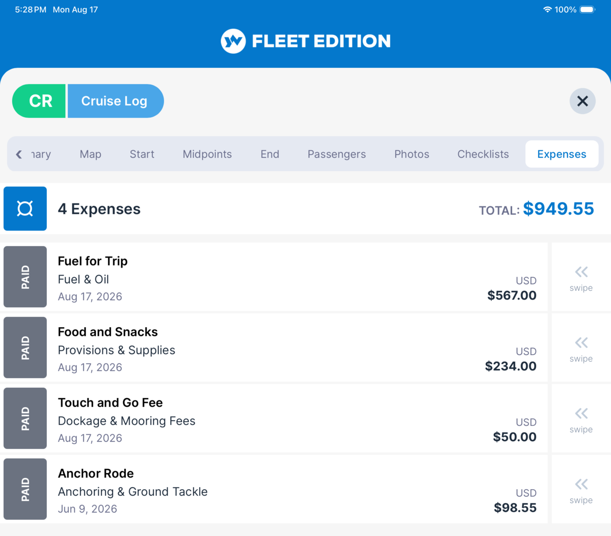 YACHTWAVE yacht management software: the Expenses tab of a cruise log &mdash; 4 expenses totalling 949.55 USD booked to the one voyage: fuel, provisions, a dockage fee and an anchor rode, each marked paid