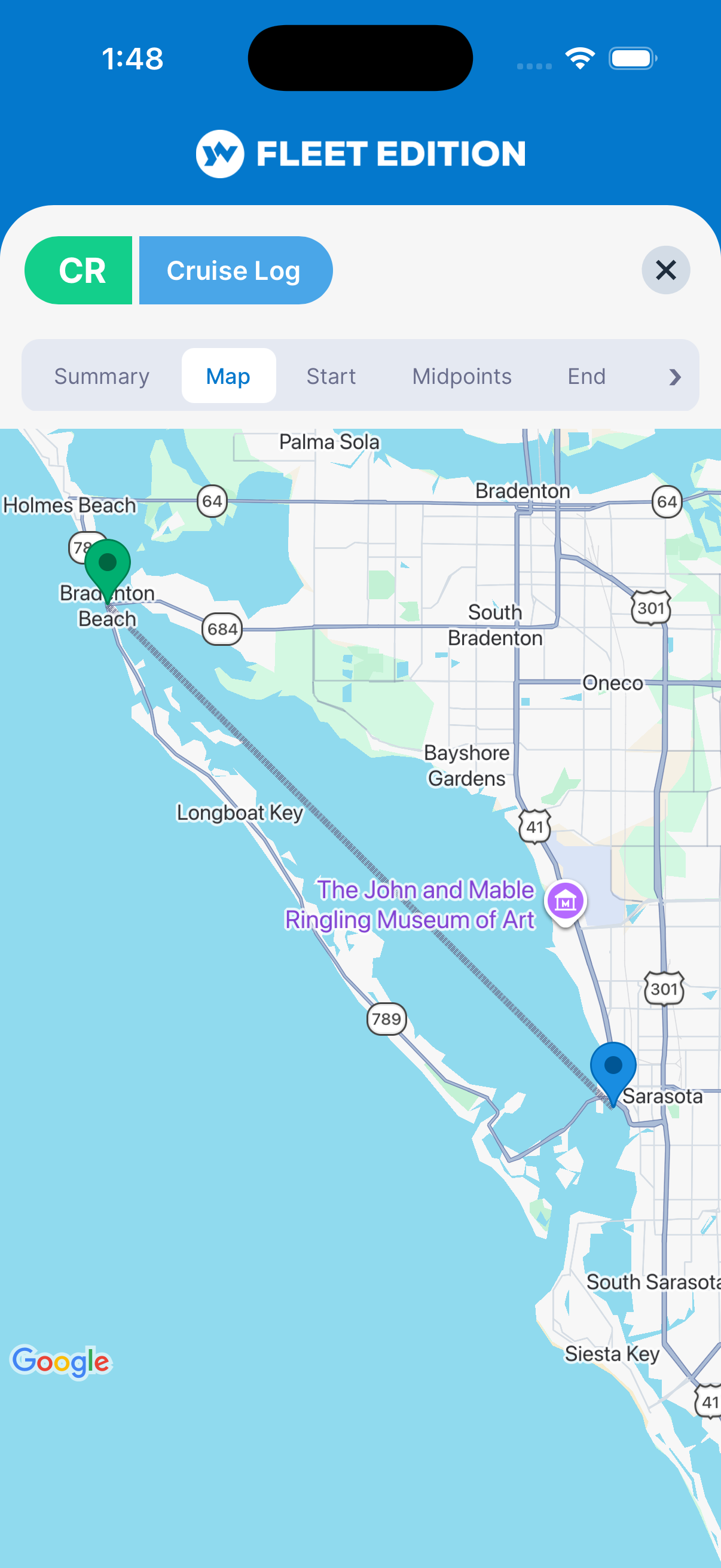 YACHTWAVE yacht management software: a cruise log open on the Map tab in the mobile app, the passage from Marina Jack in Sarasota to Bradenton Beach plotted with its departure and arrival waypoints