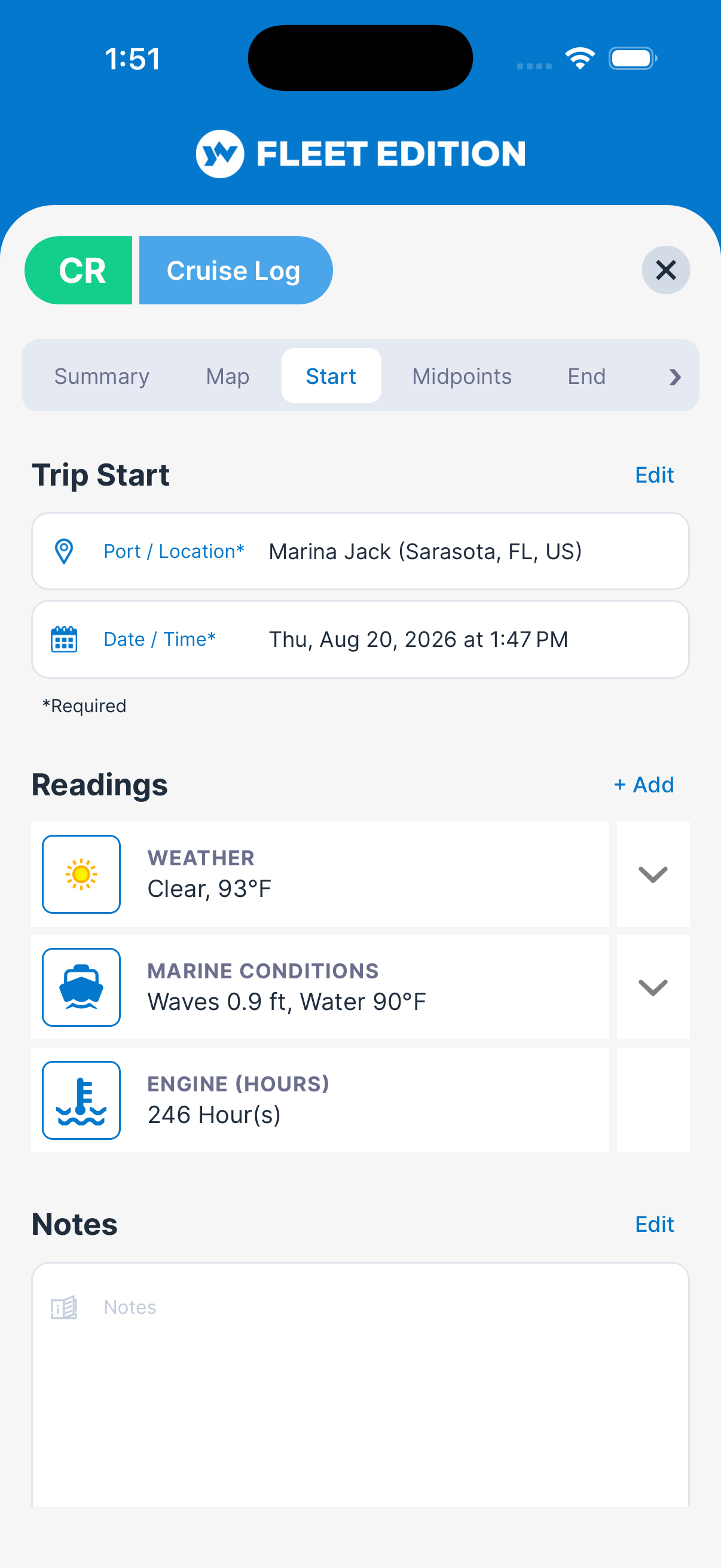 YACHTWAVE yacht management software: the departure waypoint of a cruise log, with the weather, the marine conditions and a 246-hour engine reading all recorded at the same point on the passage