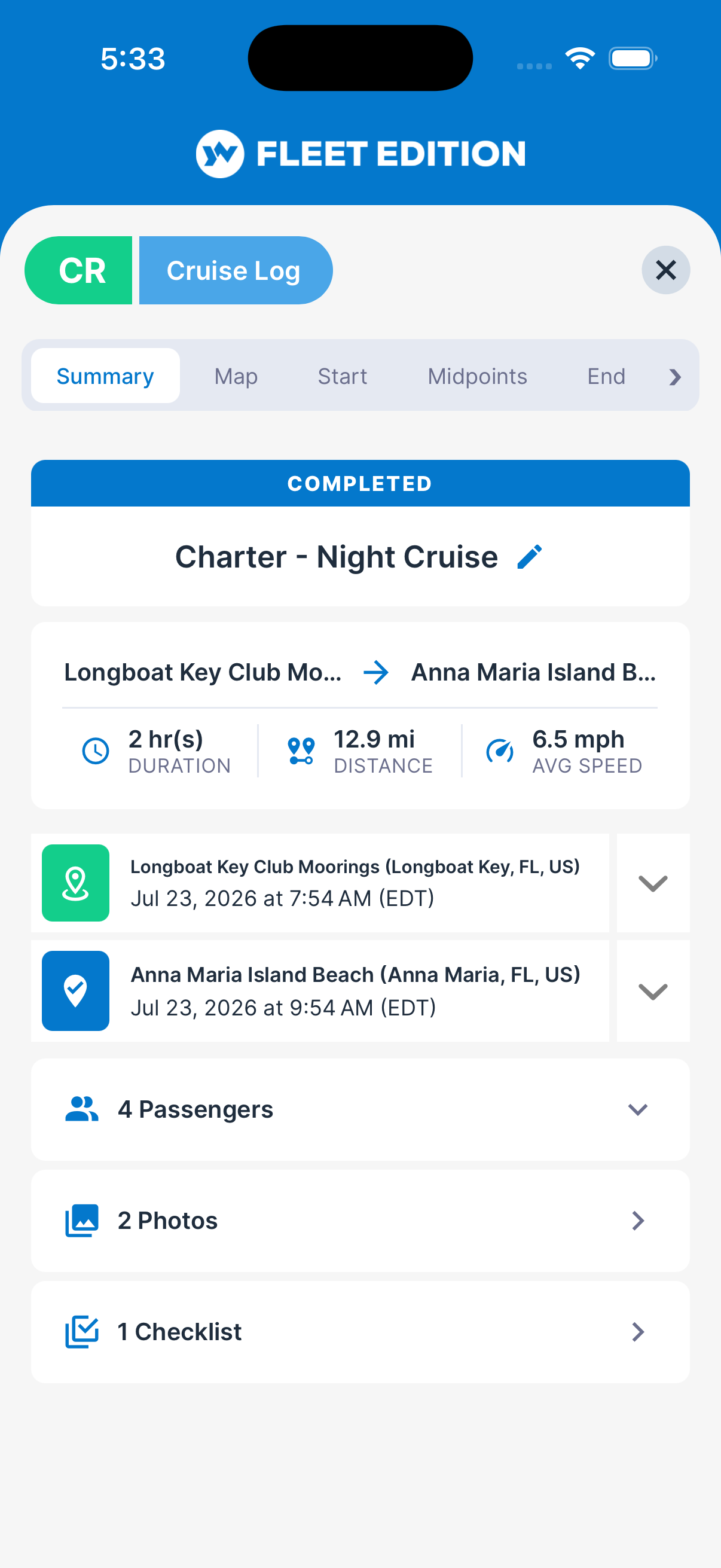 YACHTWAVE yacht management software: the summary of a completed charter from Longboat Key Club Moorings to Anna Maria Island Beach, with the 2 hour duration, 12.9 mile distance and 6.5 mph average speed all worked out from the waypoints, and the four passengers, the photos and the checklist run all held on the same record