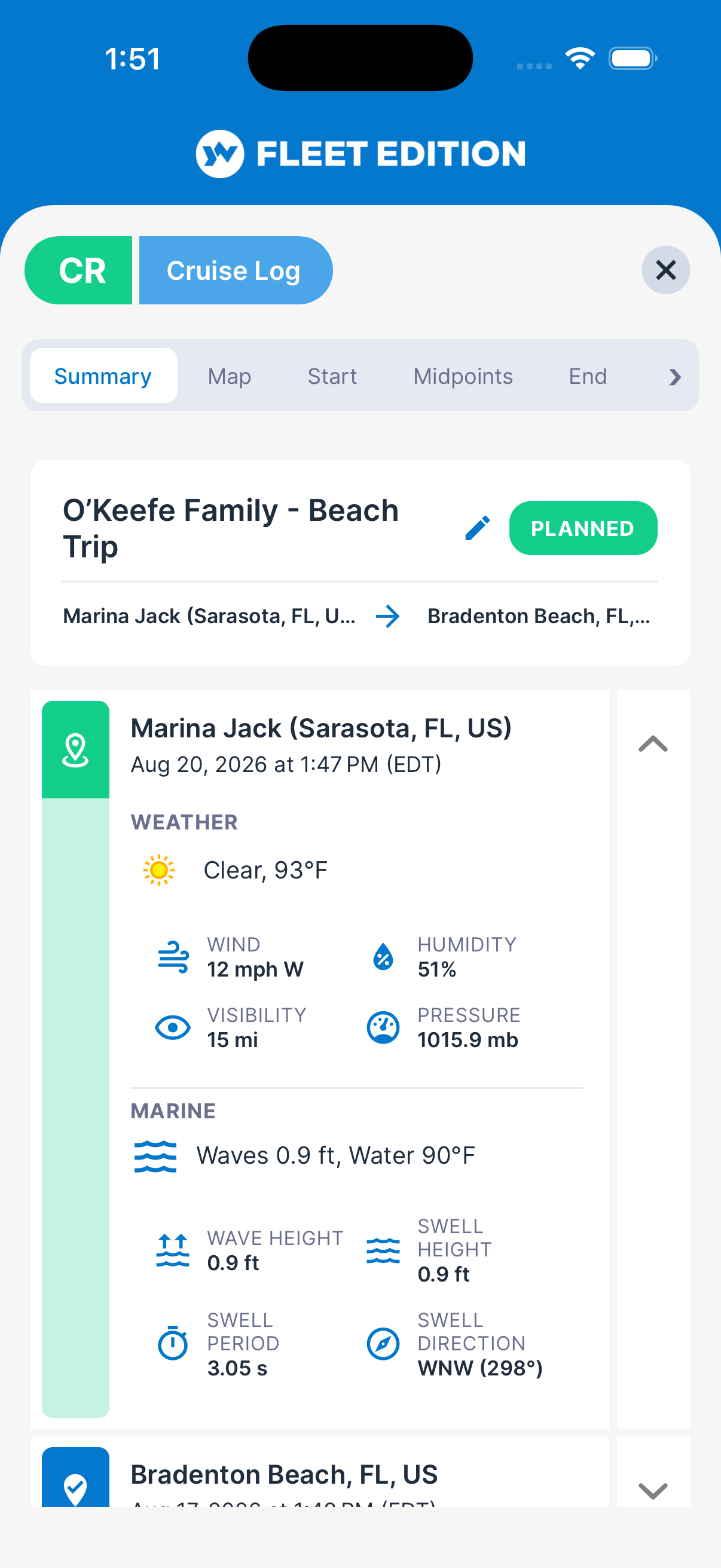 YACHTWAVE yacht management software: the conditions recorded at a waypoint &mdash; clear and 93&deg;F, wind 12 mph W, 15 mi visibility, 1015.9 mb, with wave height, swell height, swell period and swell direction alongside