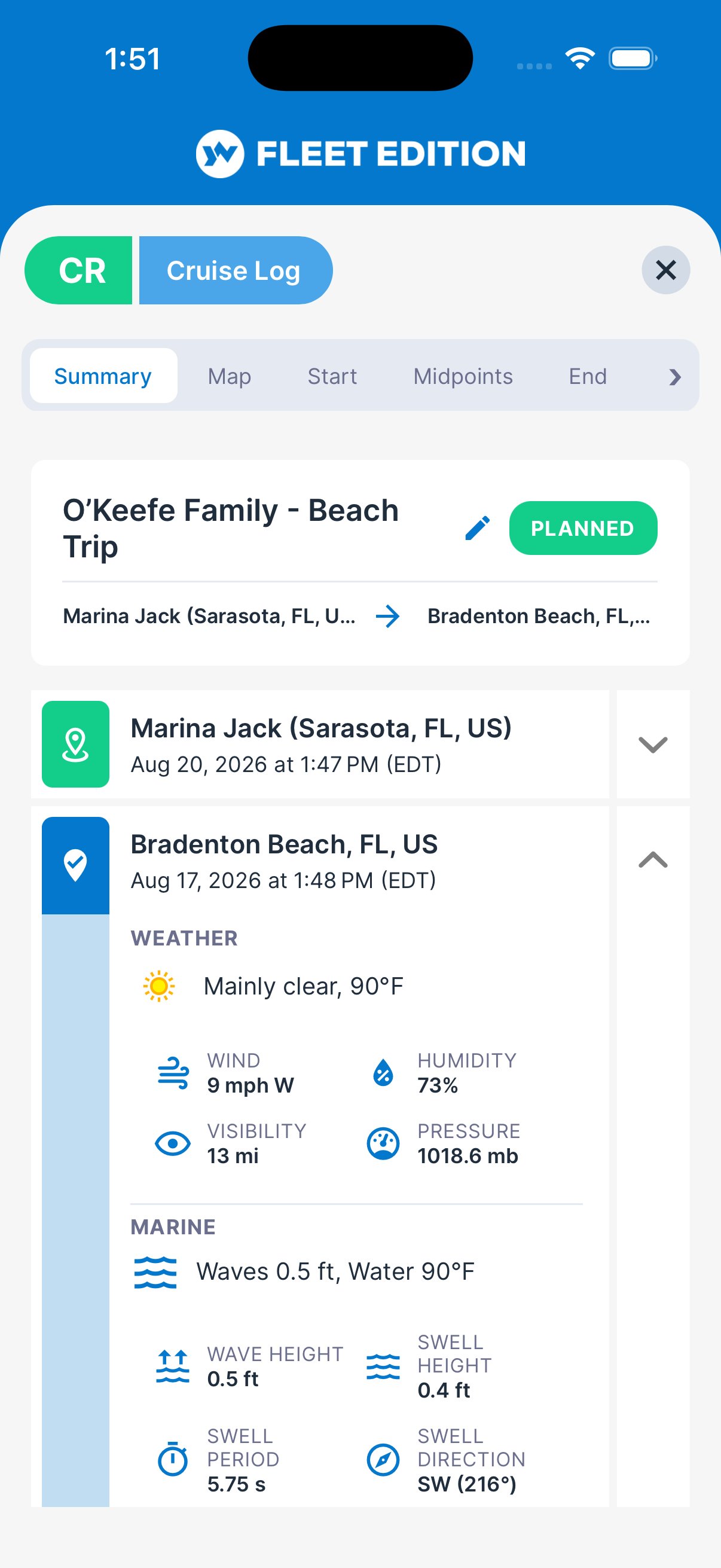 YACHTWAVE yacht management software: a planned trip with a forecast on each waypoint &mdash; the arrival at Bradenton Beach showing mainly clear at 90&deg;F, 9 mph W wind, 0.5 ft waves and a 5.75 second swell from the southwest, separate from the departure point above it