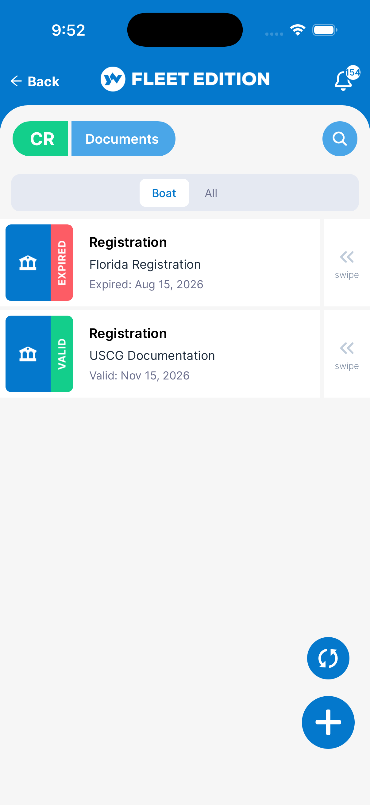 YACHTWAVE yacht management software: mobile app showing a vessel's registrations with expiration states: a Florida registration tagged EXPIRED in red and USCG documentation tagged VALID in green with its renewal date