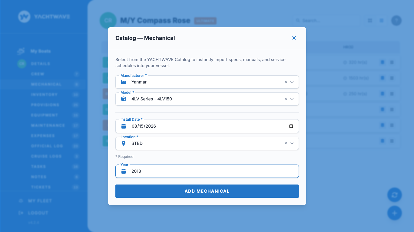 YACHTWAVE yacht maintenance software: web app Catalog dialog offering to instantly import specs, manuals and service schedules, with a Yanmar 4LV150 selected by manufacturer and model