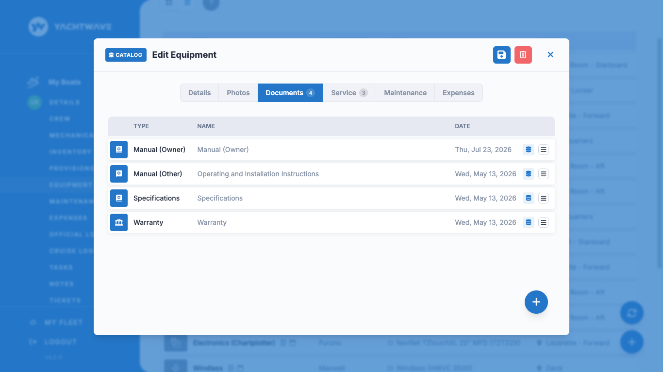 YACHTWAVE yacht maintenance software: an equipment record added from the catalog, its Documents tab already holding the owner manual, operating and installation instructions, specifications and warranty
