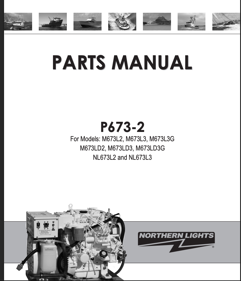 YACHTWAVE yacht maintenance software: the Northern Lights parts manual that came with the vessel's generator from the catalog, covering the exact M673L3G model aboard