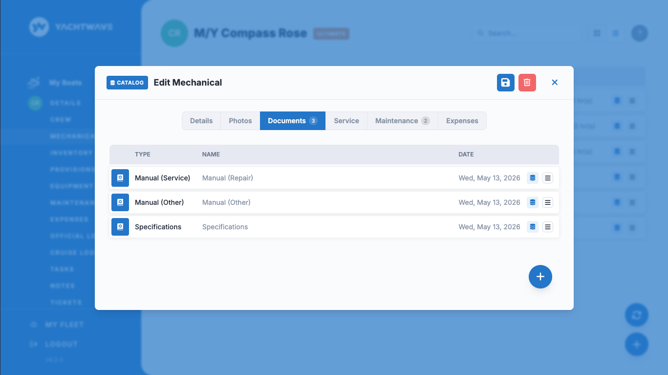 YACHTWAVE yacht maintenance software: web app engine record flagged as a catalog item, with tabs for details, photos, documents, service, maintenance and expenses, showing three manuals attached