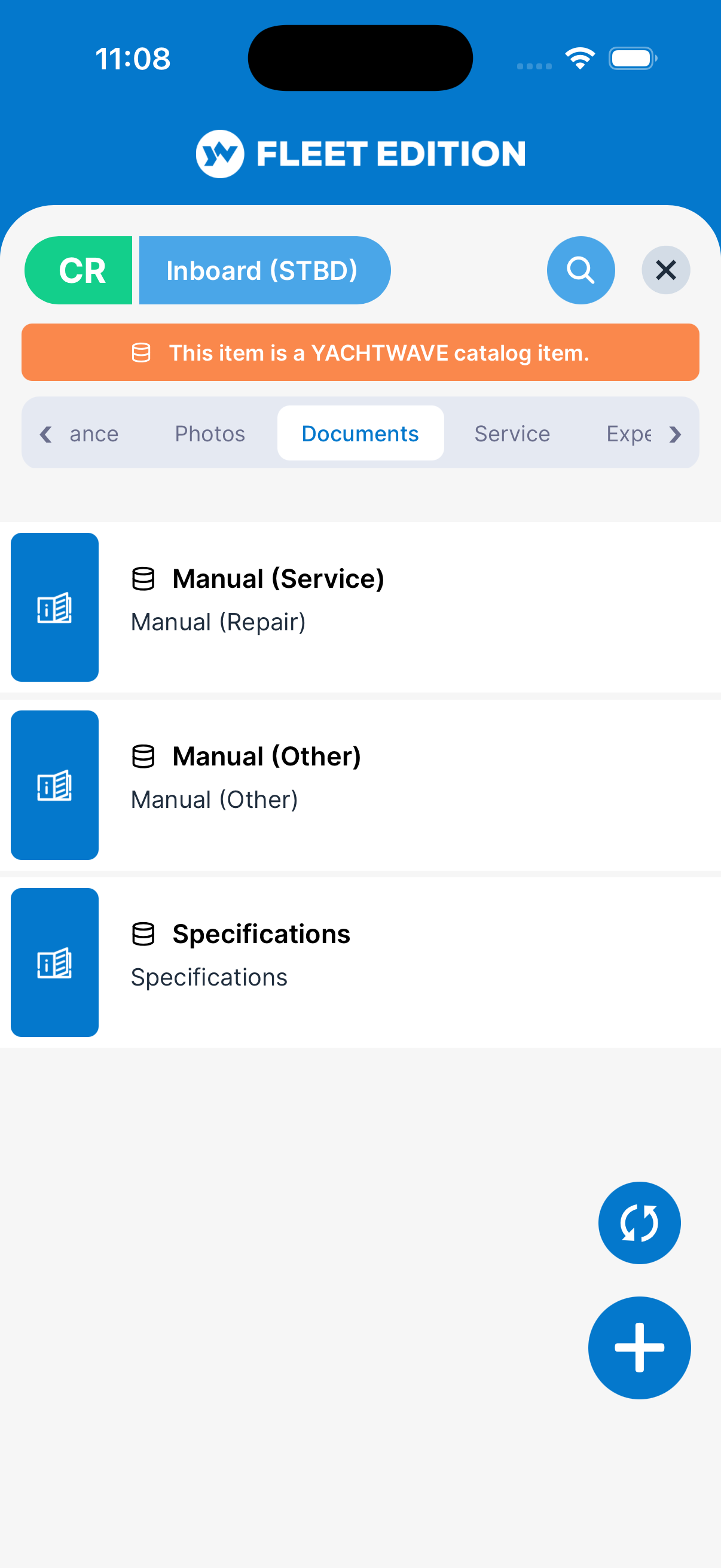 YACHTWAVE yacht maintenance software: mobile app Documents tab on an inboard engine showing its service manual, repair manual and specifications attached to the engine record