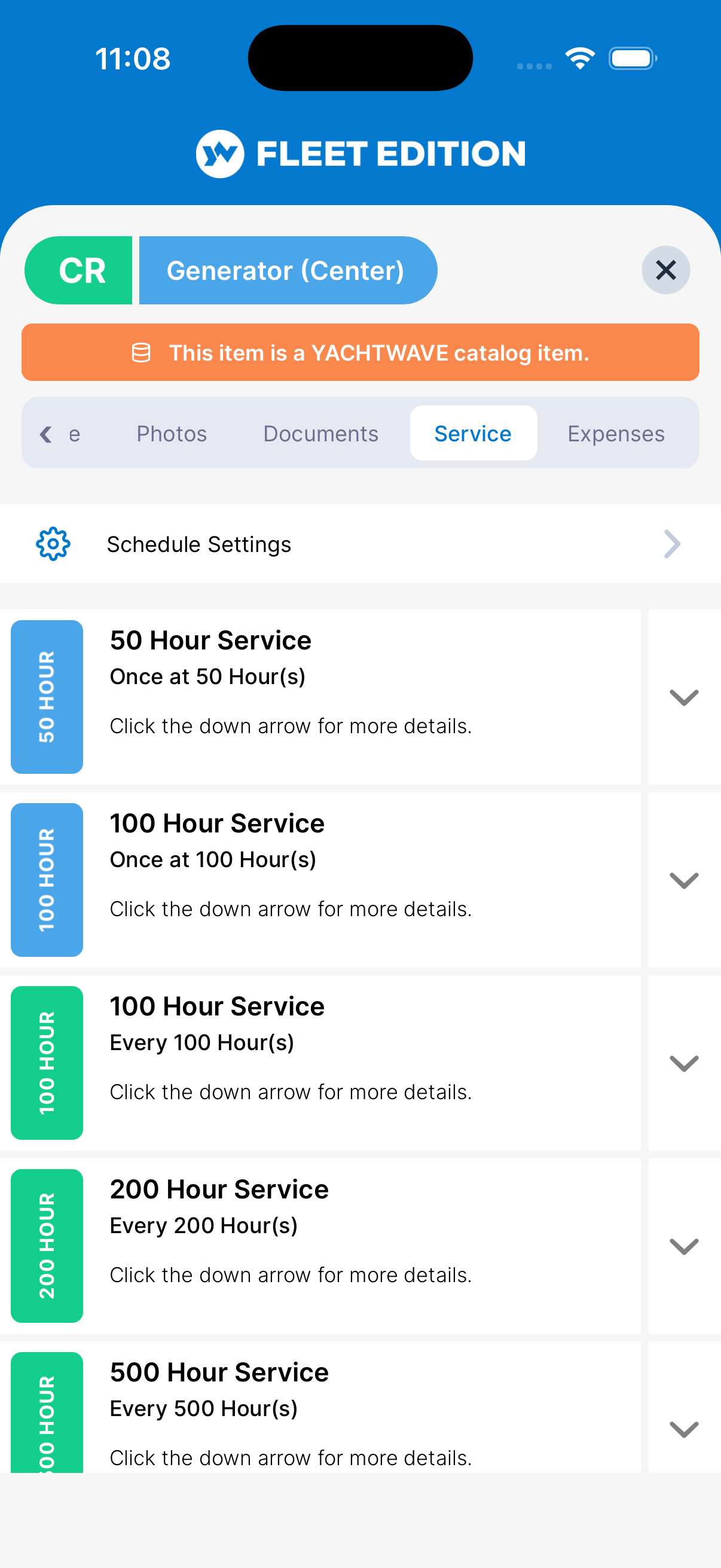YACHTWAVE yacht maintenance software: mobile app Service tab for a generator listing its 50, 100, 200 and 500 hour factory service schedules