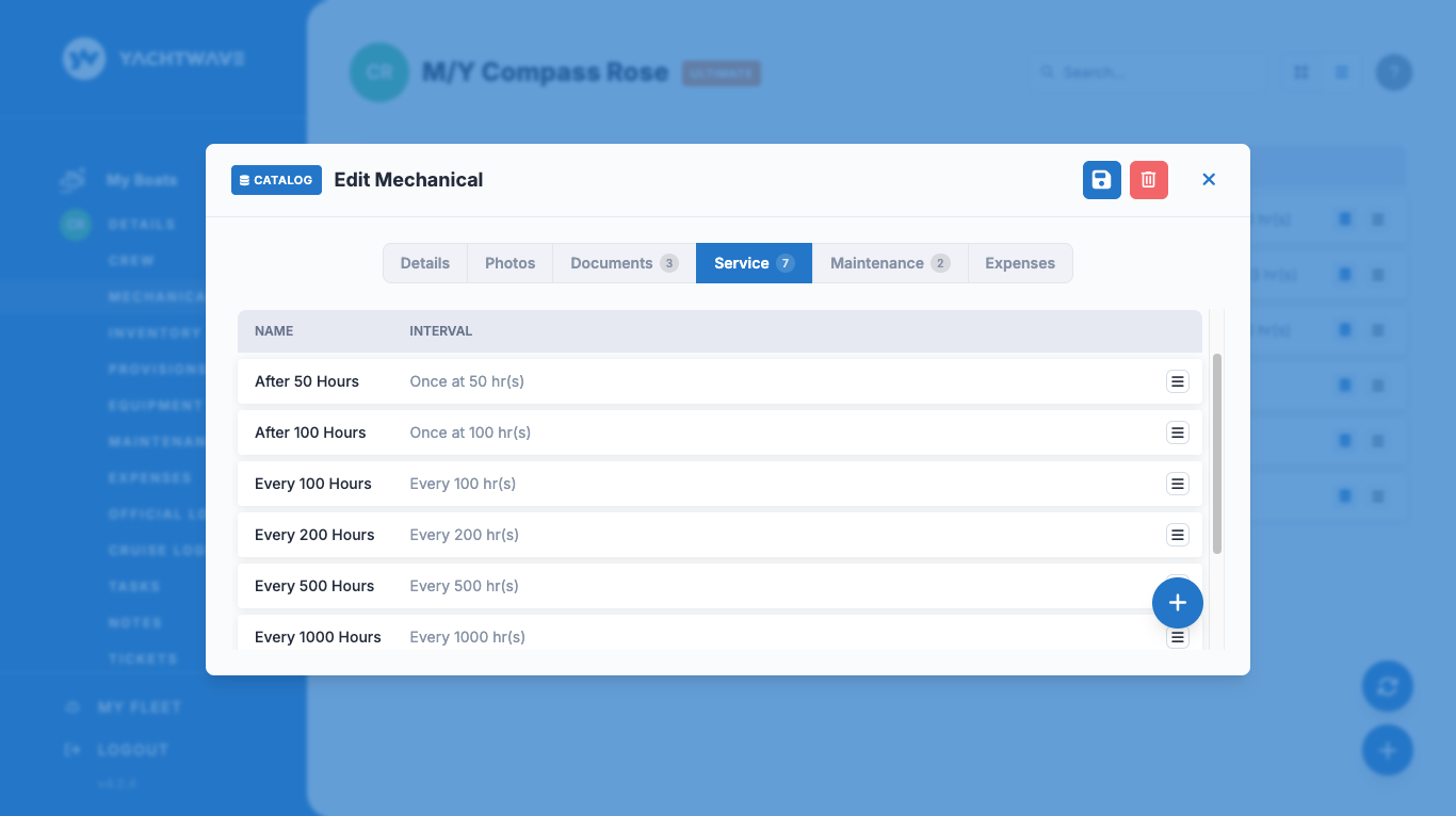 YACHTWAVE yacht maintenance software: an engine added from the database, its Service tab listing seven factory intervals — after 50 and 100 hours, then every 100, 200, 500 and 1000 hours