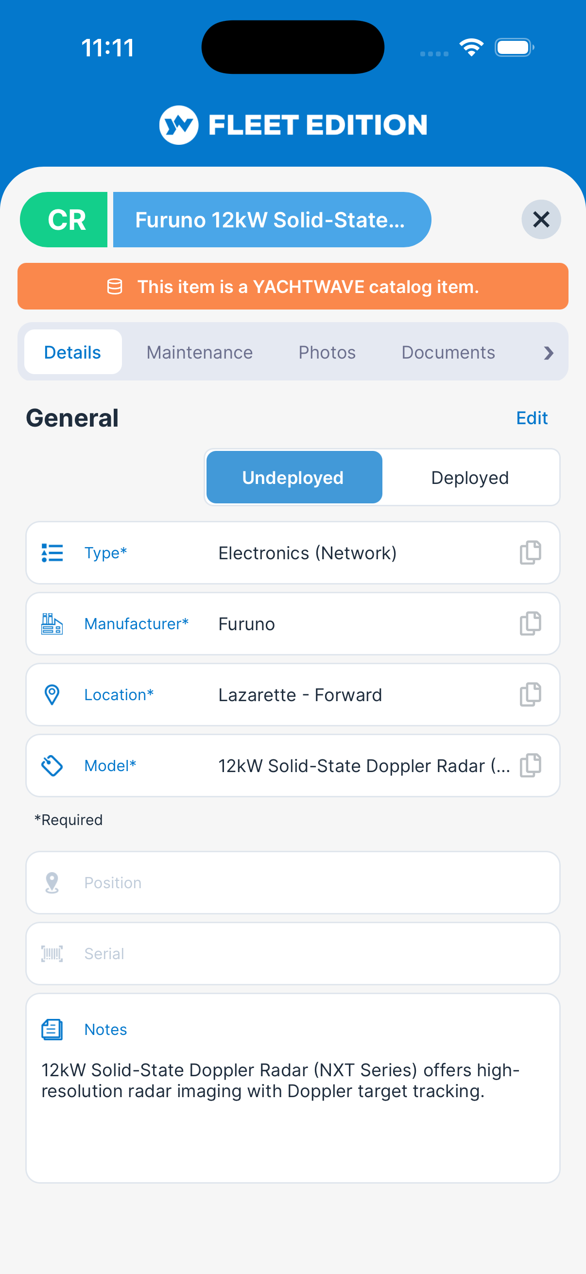 YACHTWAVE yacht maintenance software: mobile app equipment record for a Furuno solid-state radar with the deployed and undeployed switch, type, manufacturer, location and model