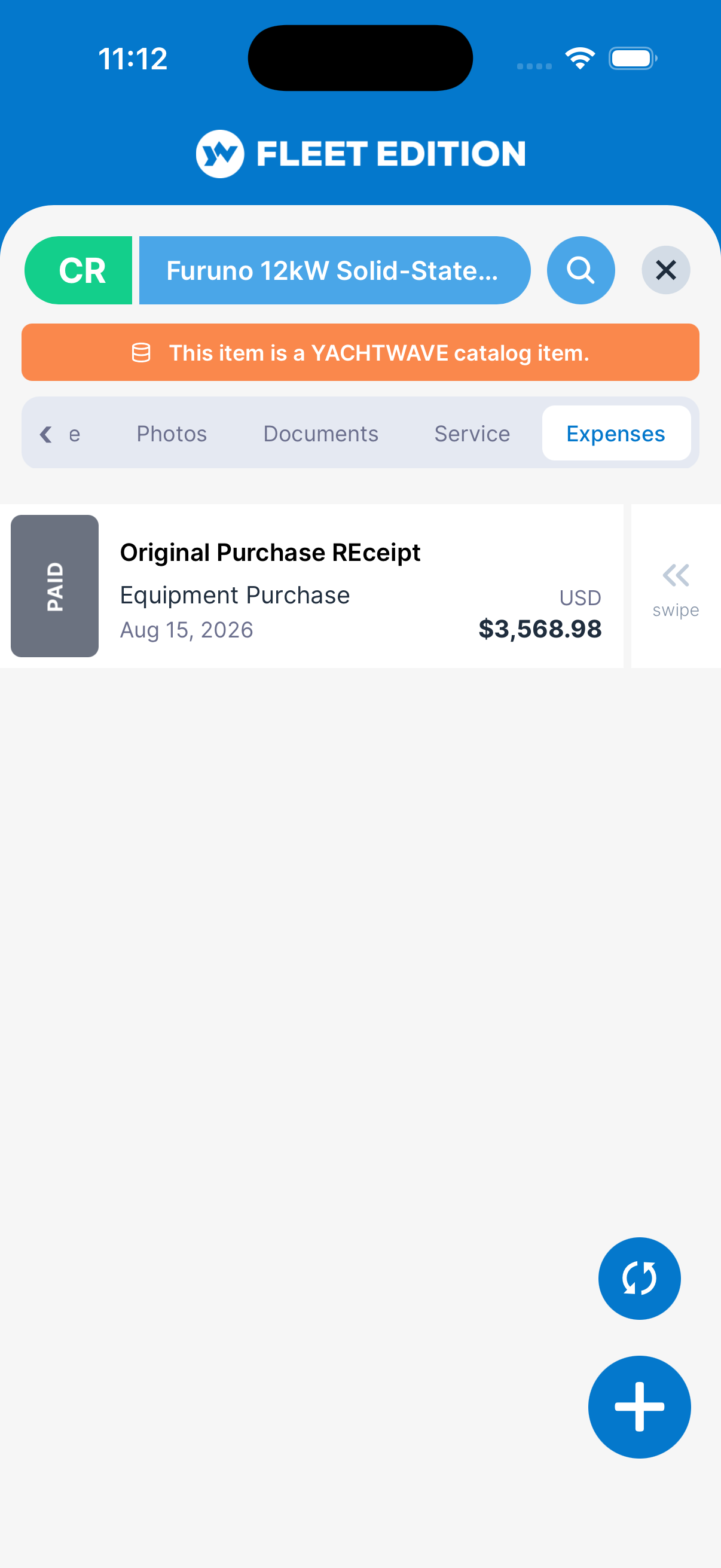 YACHTWAVE yacht management software: mobile app Expenses tab on a piece of equipment, showing its original purchase receipt booked against the item so cost per system is tracked automatically