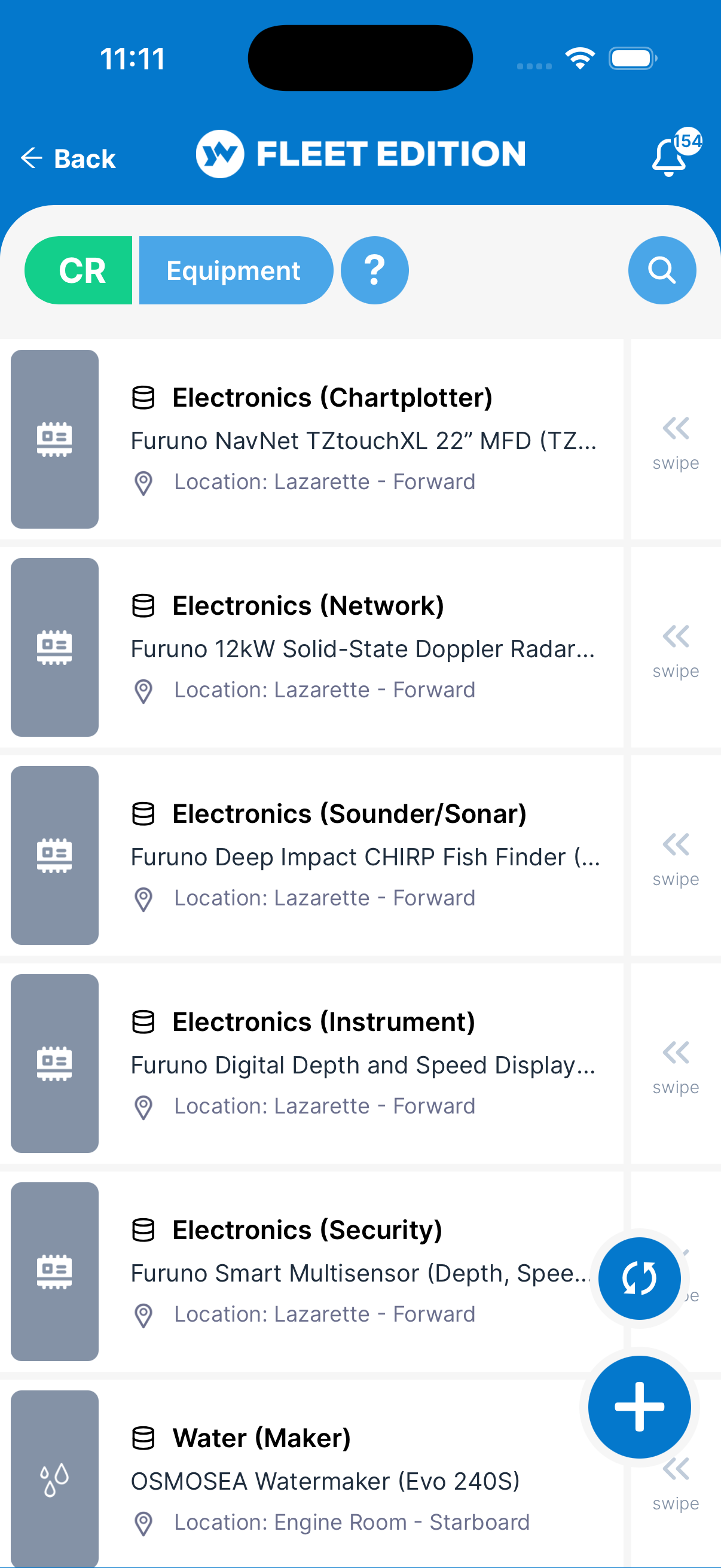 YACHTWAVE yacht maintenance software: mobile app Equipment list showing Furuno chartplotter, radar, sounder and instruments plus an OSMOSEA watermaker, each with its location aboard