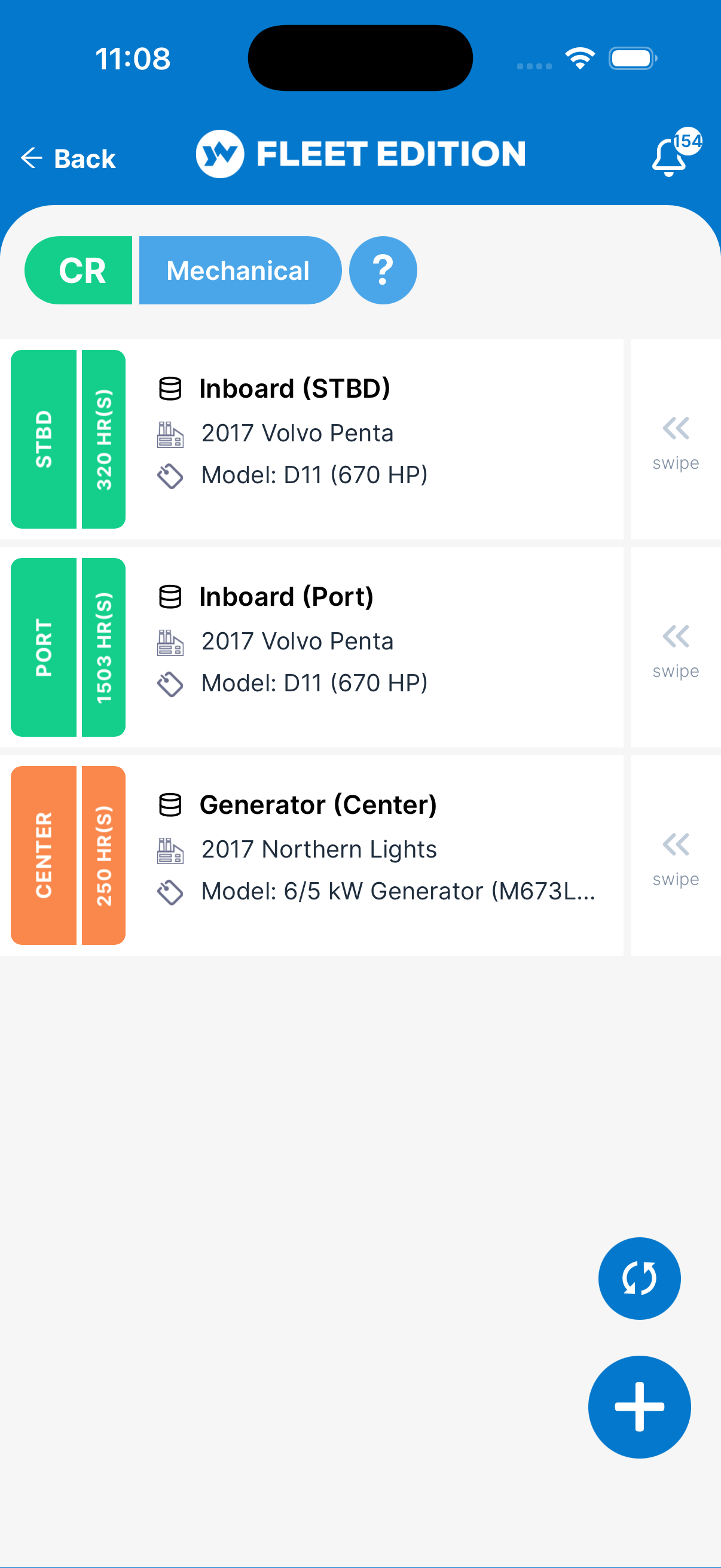 YACHTWAVE yacht maintenance software: mobile app Mechanical list for a motor yacht showing two 2017 Volvo Penta D11 inboards and a Northern Lights generator, each tagged by position and current engine hours