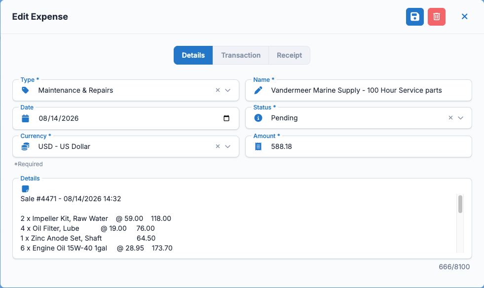 YACHTWAVE yacht management software: that pending expense opened up, showing its status set to Pending alongside the type, date, currency, amount and the full itemised breakdown a manager reviews before approving