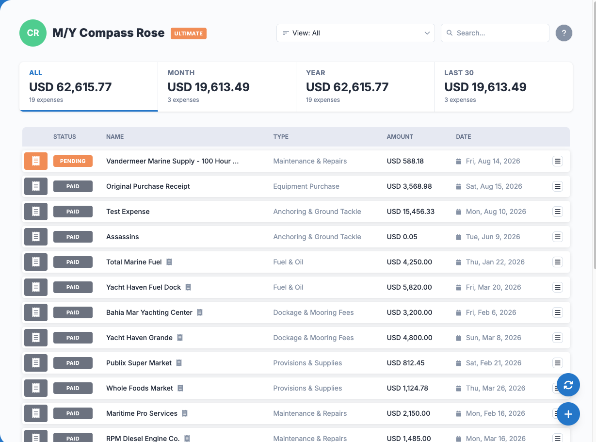 YACHTWAVE yacht management software: a vessel's expense list with colour-coded statuses — a pending parts invoice awaiting approval above a run of paid expenses — over per-period totals for all, this month, this year and the last 30 days