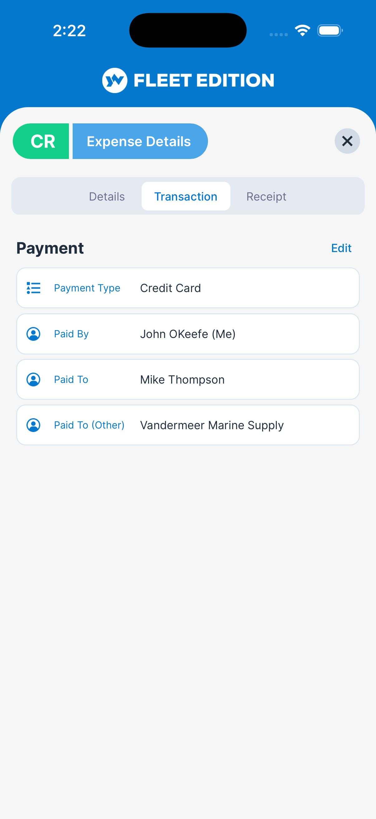 YACHTWAVE yacht management software: the Transaction tab of the same expense, recording the payment type, who paid it and which vendor was paid