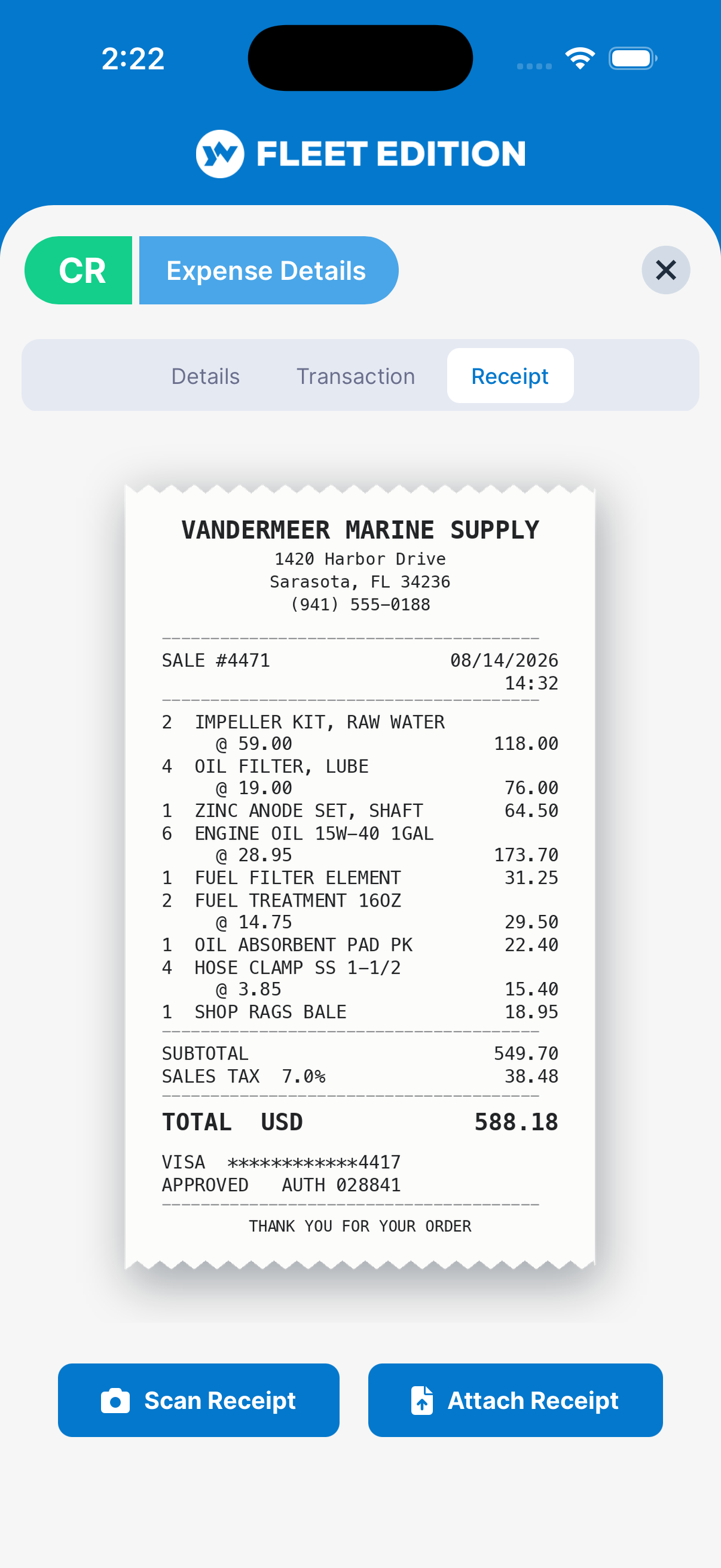 YACHTWAVE yacht management software: the Receipt tab, with the original chandlery receipt kept on the expense record itself