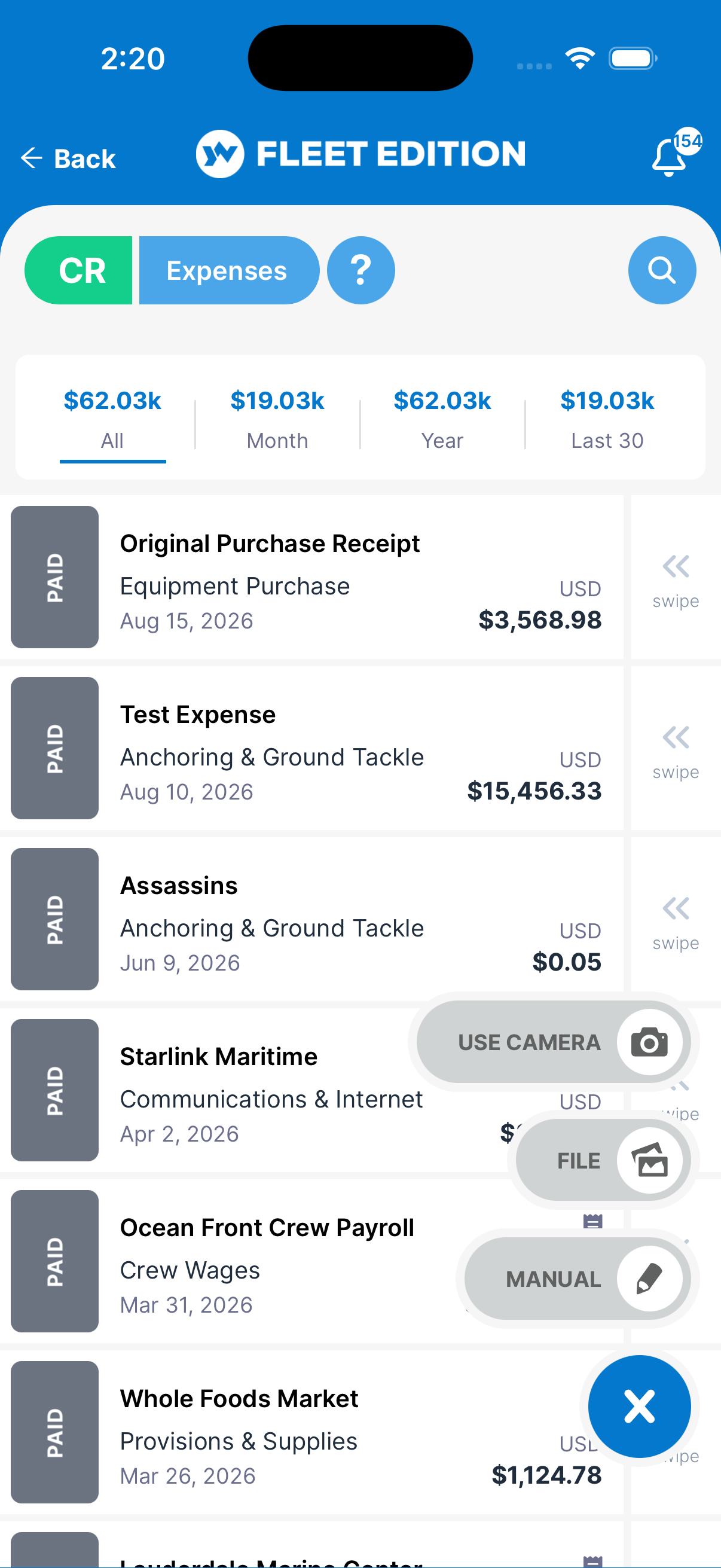 YACHTWAVE yacht management software: the mobile expense list with the add menu open, offering Use Camera to photograph a receipt, File to attach one, or Manual entry