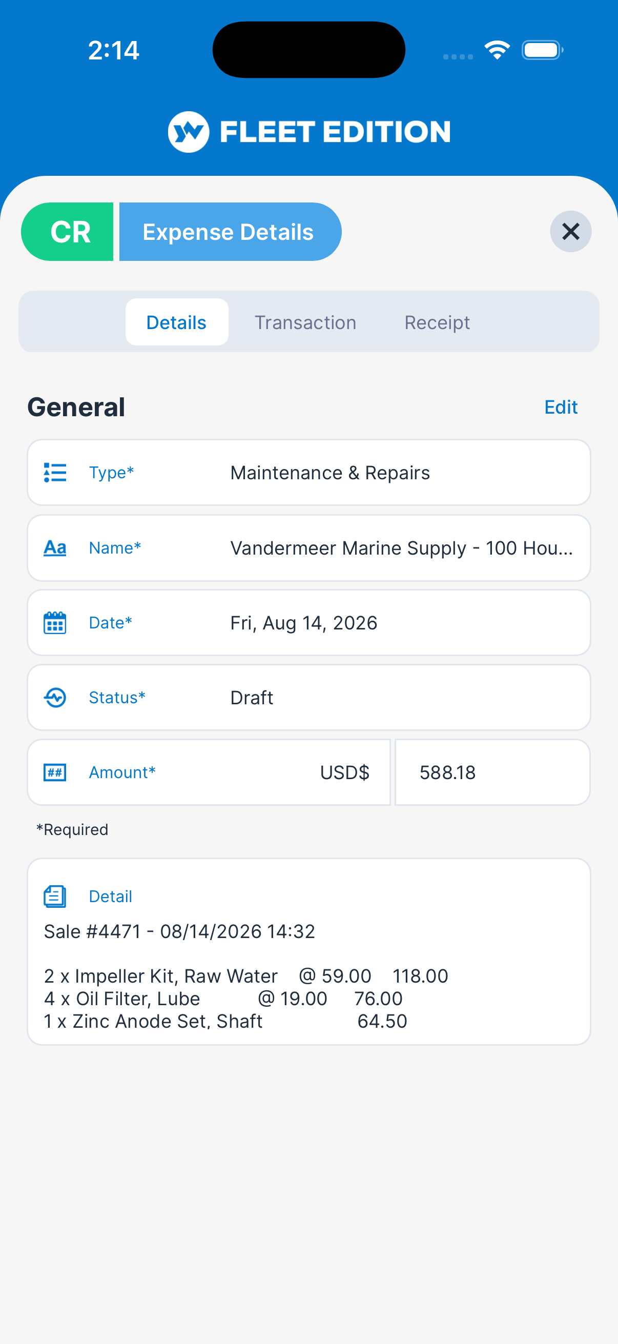 YACHTWAVE yacht management software: the expense the app created from that receipt, with the type, vendor name, date, draft status, the 588.18 USD total and every line item already filled in