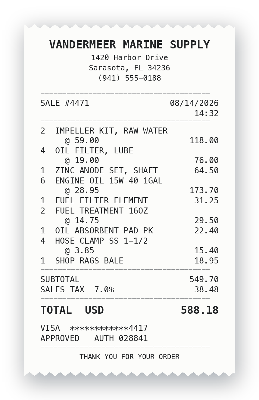 YACHTWAVE yacht management software: a marine chandlery receipt for a 100 hour service parts run — impellers, oil filters, a shaft zinc set and engine oil — subtotalling 549.70 with 38.48 tax for a 588.18 total