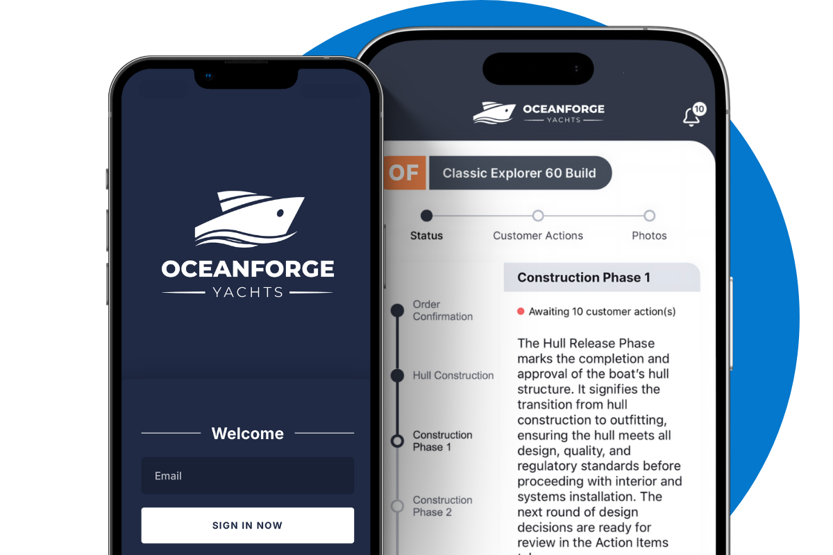 The owner app published under the builder's brand: sign-in screen and the build tracker on two phones