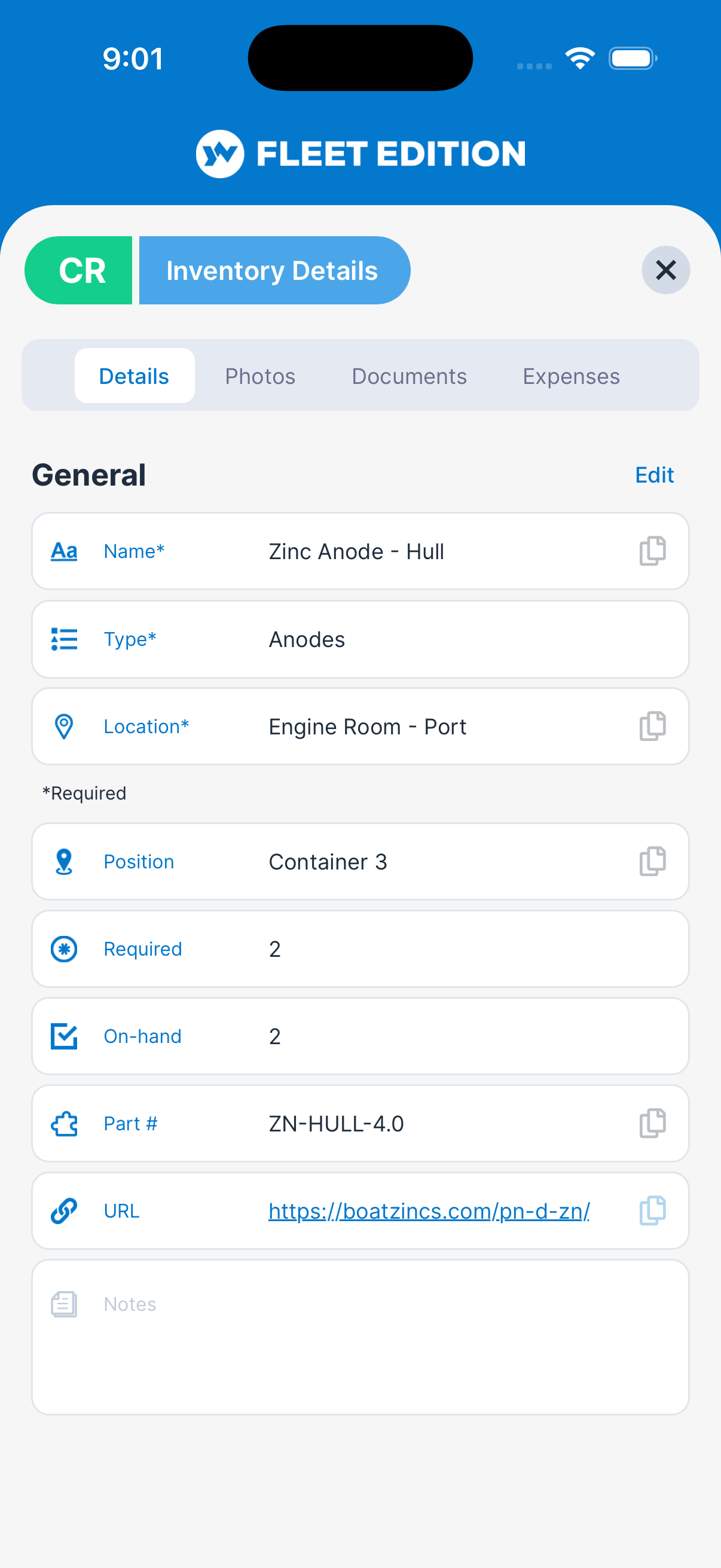 YACHTWAVE yacht management software: an inventory item's record in the mobile app — a hull zinc anode with its stowage location and position, the quantity required against the quantity on hand, its part number, and a tappable link to the supplier's product page