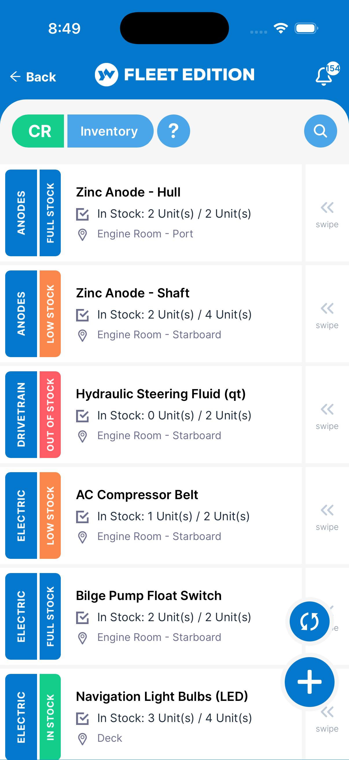 YACHTWAVE yacht management software: the same inventory list in the mobile app, each item showing its category, stock status, units on board against units required, and the compartment it is stowed in