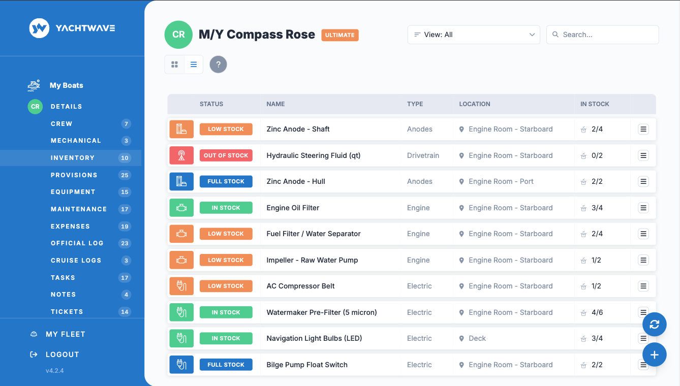 YACHTWAVE yacht management software: the inventory list for M/Y Compass Rose in the web app — zinc anodes, filters, impellers and belts, each with its type, stowage location, in-stock count and a Full Stock, Low Stock or Out of Stock badge