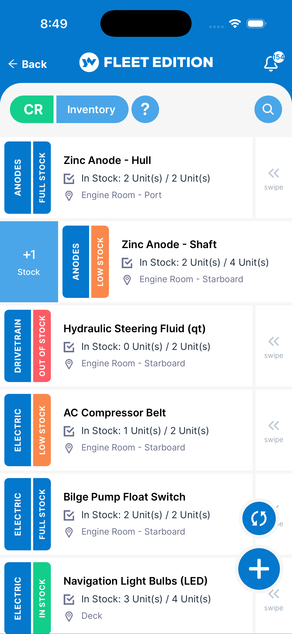 YACHTWAVE yacht management software: an inventory row swiped to the right in the mobile app, revealing a plus one Stock action for booking in a spare that has just been delivered