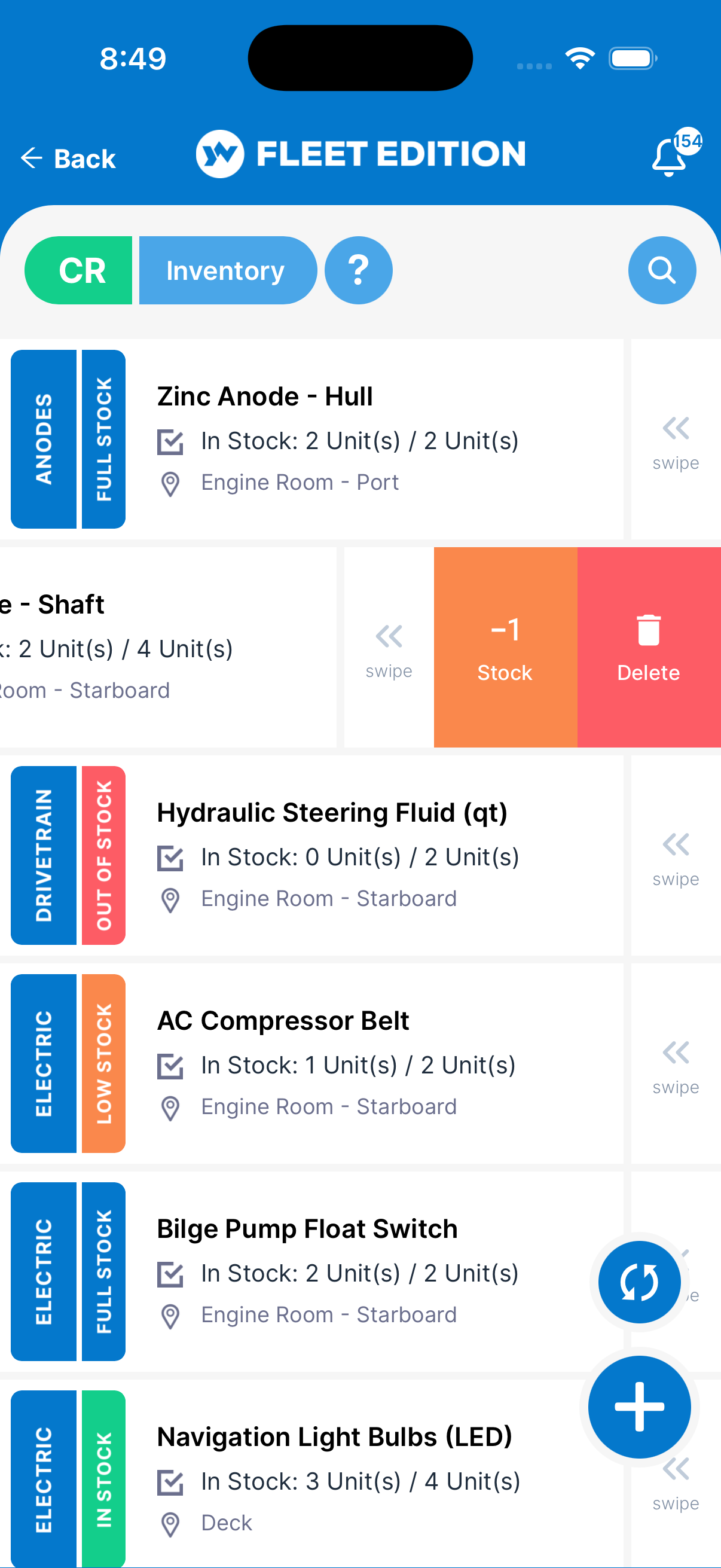 YACHTWAVE yacht management software: the same row swiped to the left, revealing a minus one Stock action for logging a part as used, alongside Delete
