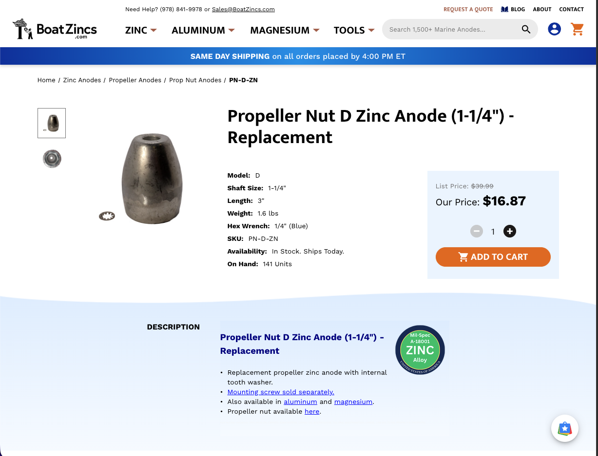 YACHTWAVE yacht management software: the supplier's own product page for that same zinc anode, opened straight from the link on the item — the exact part, its shaft size and dimensions, and an Add to Cart button