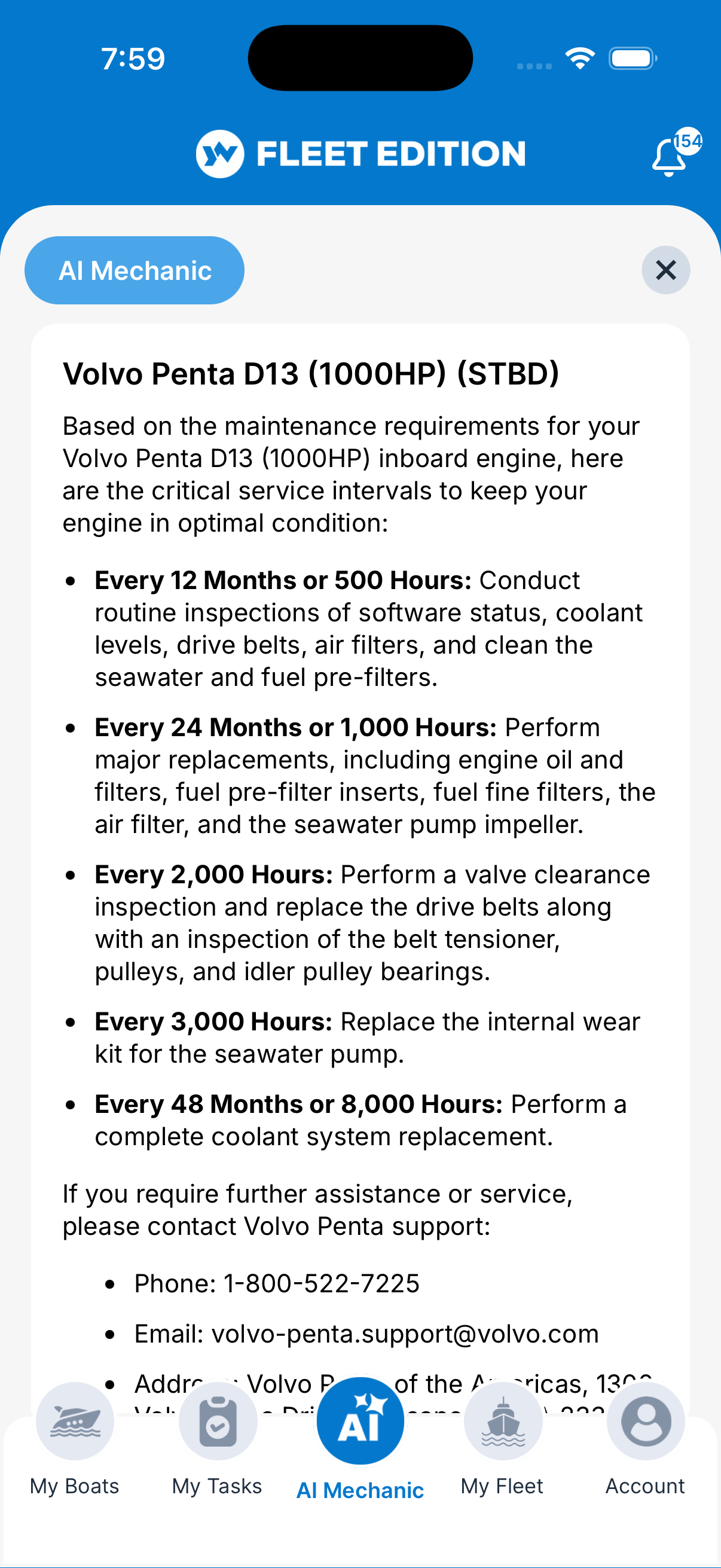 YACHTWAVE yacht maintenance software: AI Mechanic response listing the factory service intervals for a Volvo Penta D13 inboard engine — model-specific guidance drawn from manufacturer documentation